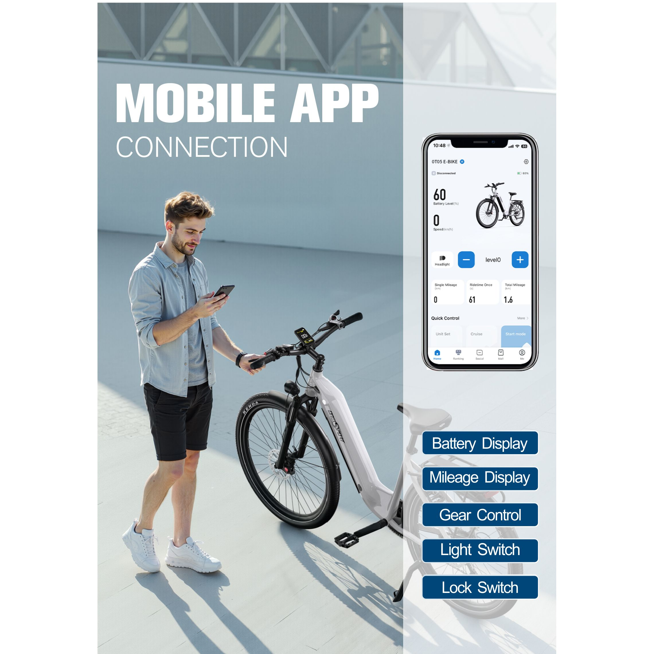 Ein Mann benutzt sein Telefon in der Nähe eines Elektrofahrrads. Das Telefon zeigt Fahrradstatistiken an. Text: MOBILE APP CONNECTION.