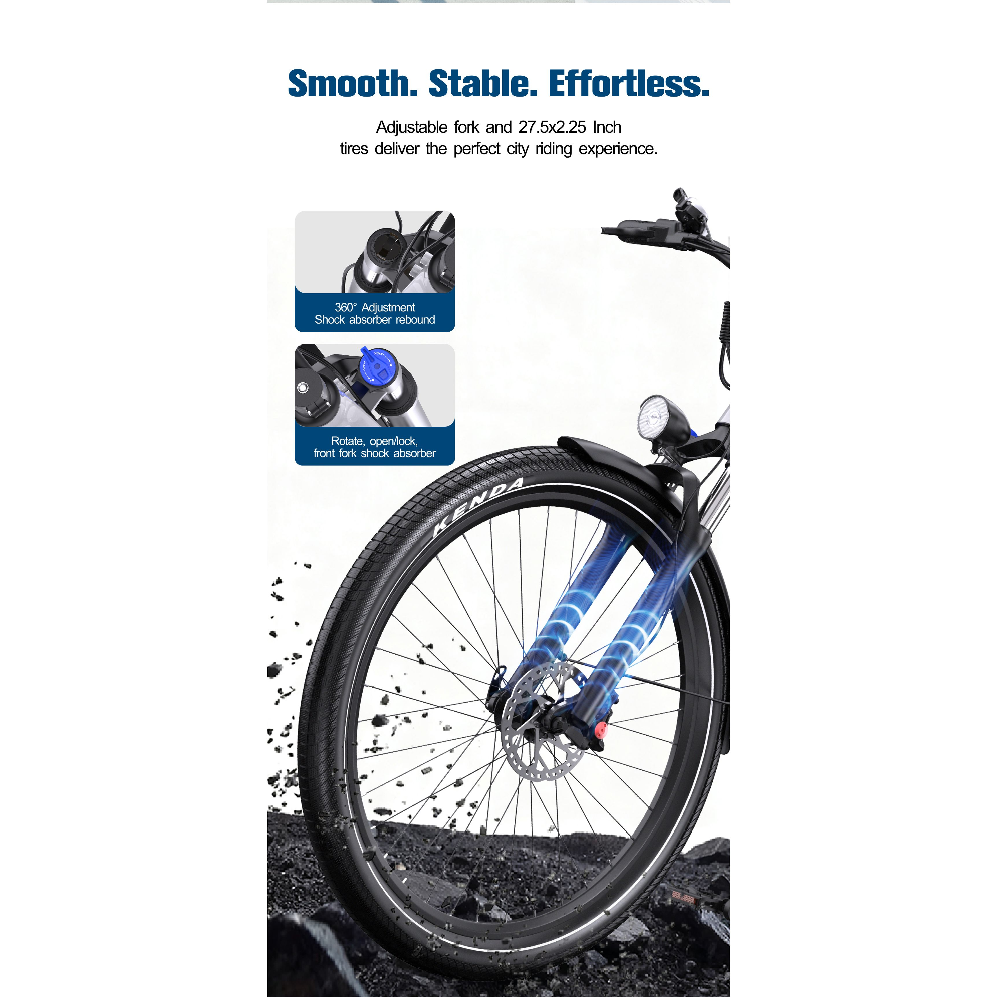 Ein E-Bike-Rad mit schwarzem Reifen. Die Gabel hat blaue Akzente. Der Hintergrund ist weiß mit dunklen Steinen.