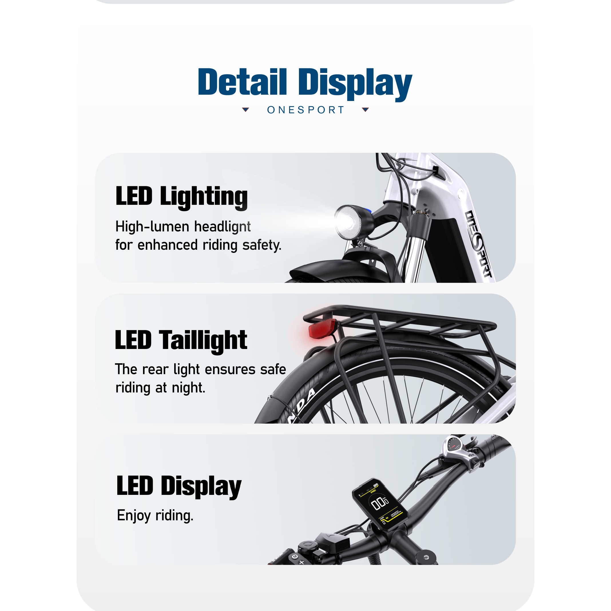Das Bild zeigt ein Elektrofahrrad mit LED-Beleuchtung und Display. Der Text hebt Sicherheits- und Fahreigenschaften hervor.