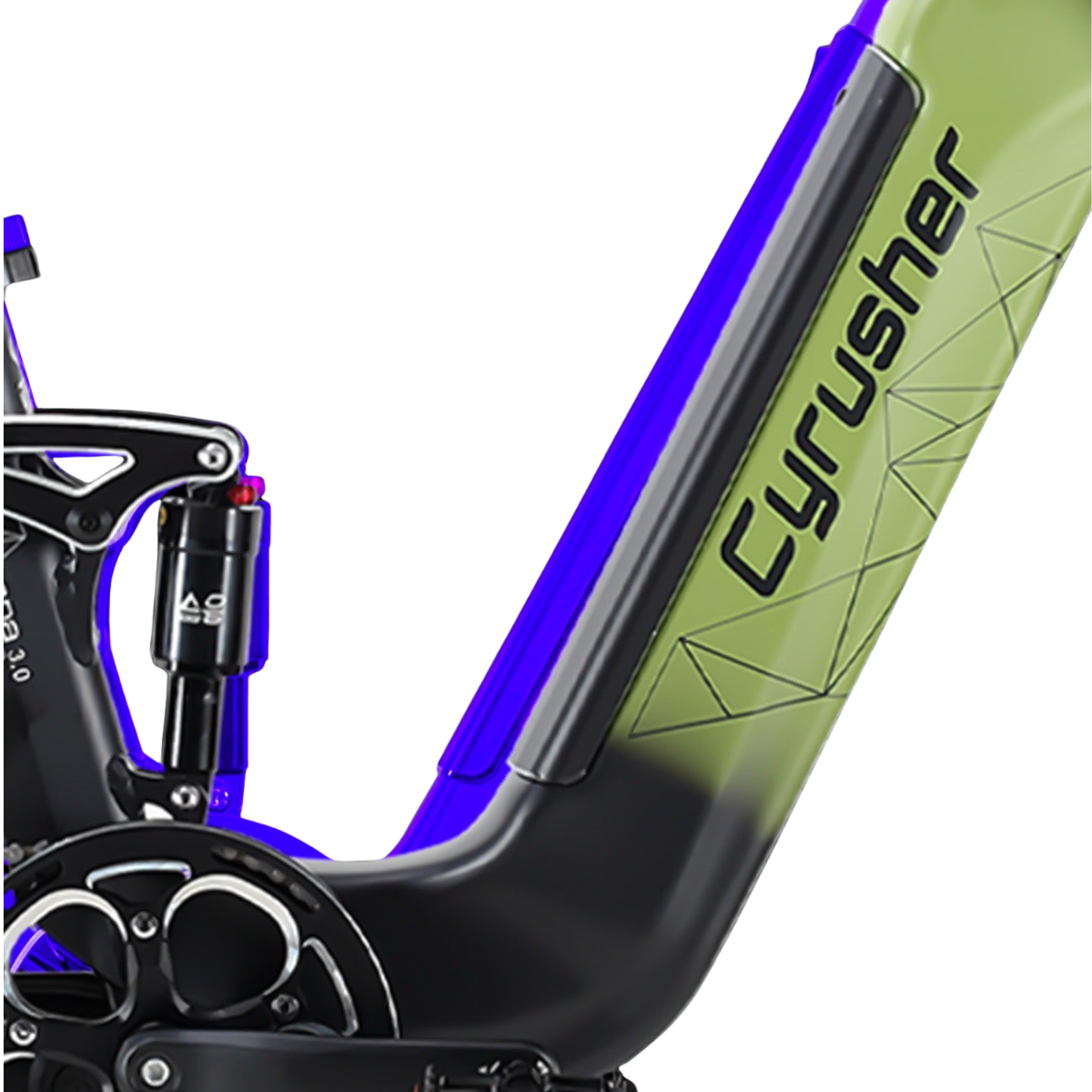Zbliżenie zielonej i czarnej ramy roweru. Widoczna nazwa marki 'Cyrusher'. Niebieskie i fioletowe akcenty obramowują rower.