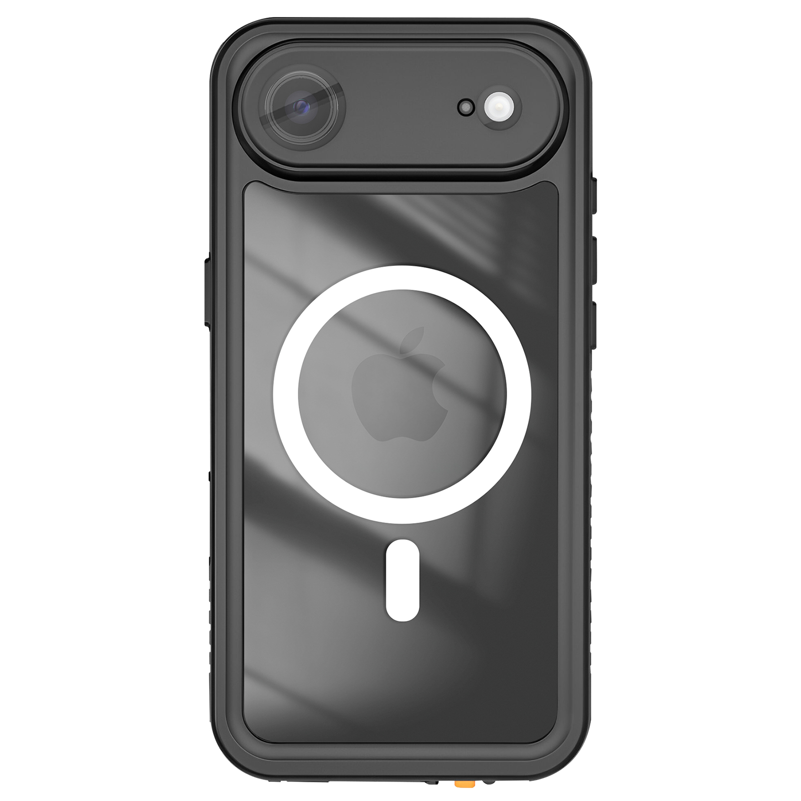 Custodia nera per telefono con fotocamera, flash e logo Apple. Anello MagSafe e ritaglio per porta.
