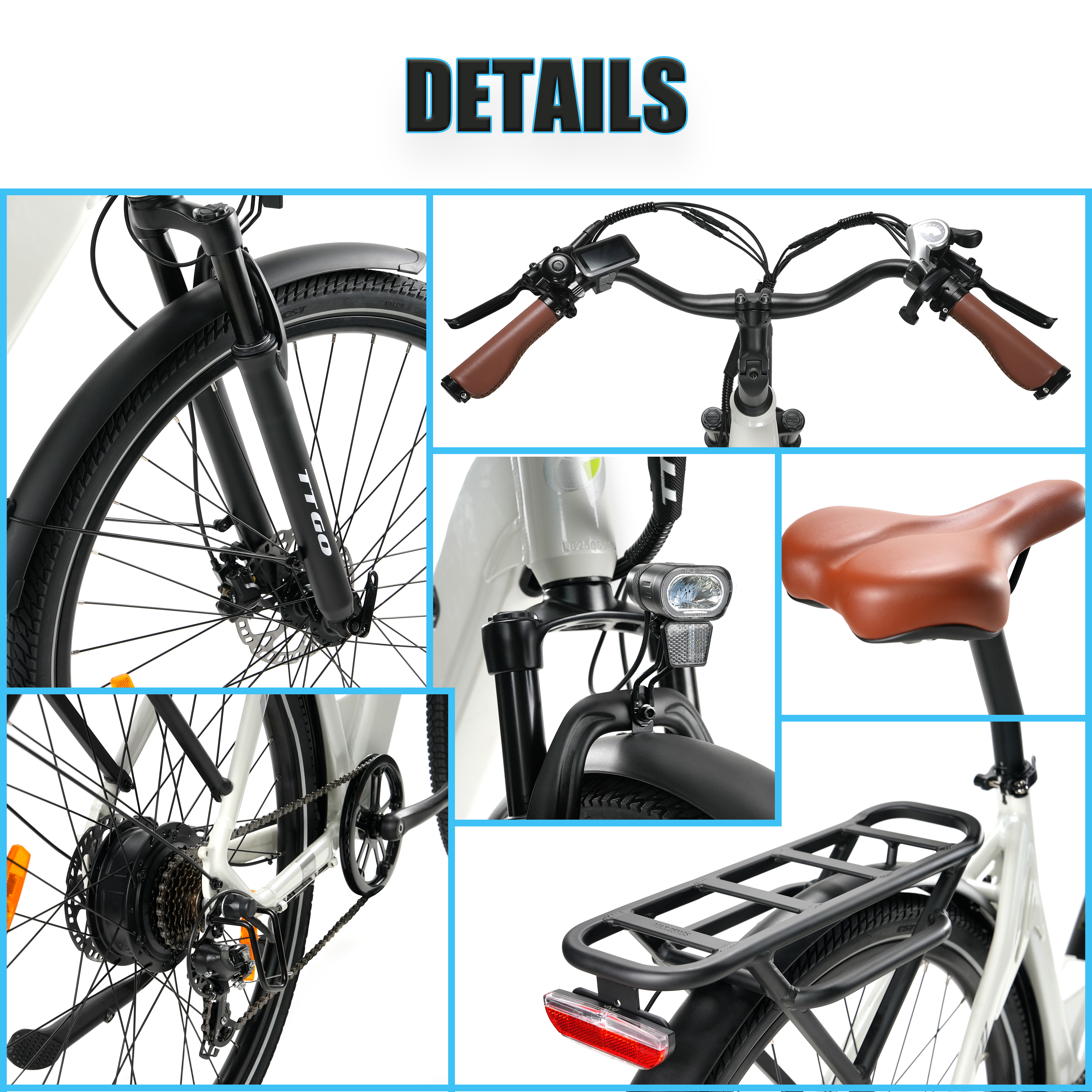 Szczegółowe części roweru. Przednie koło, kierownica, siedzenie i szczegóły tylnego koła. Czarne błotniki i rama. Biały rower.