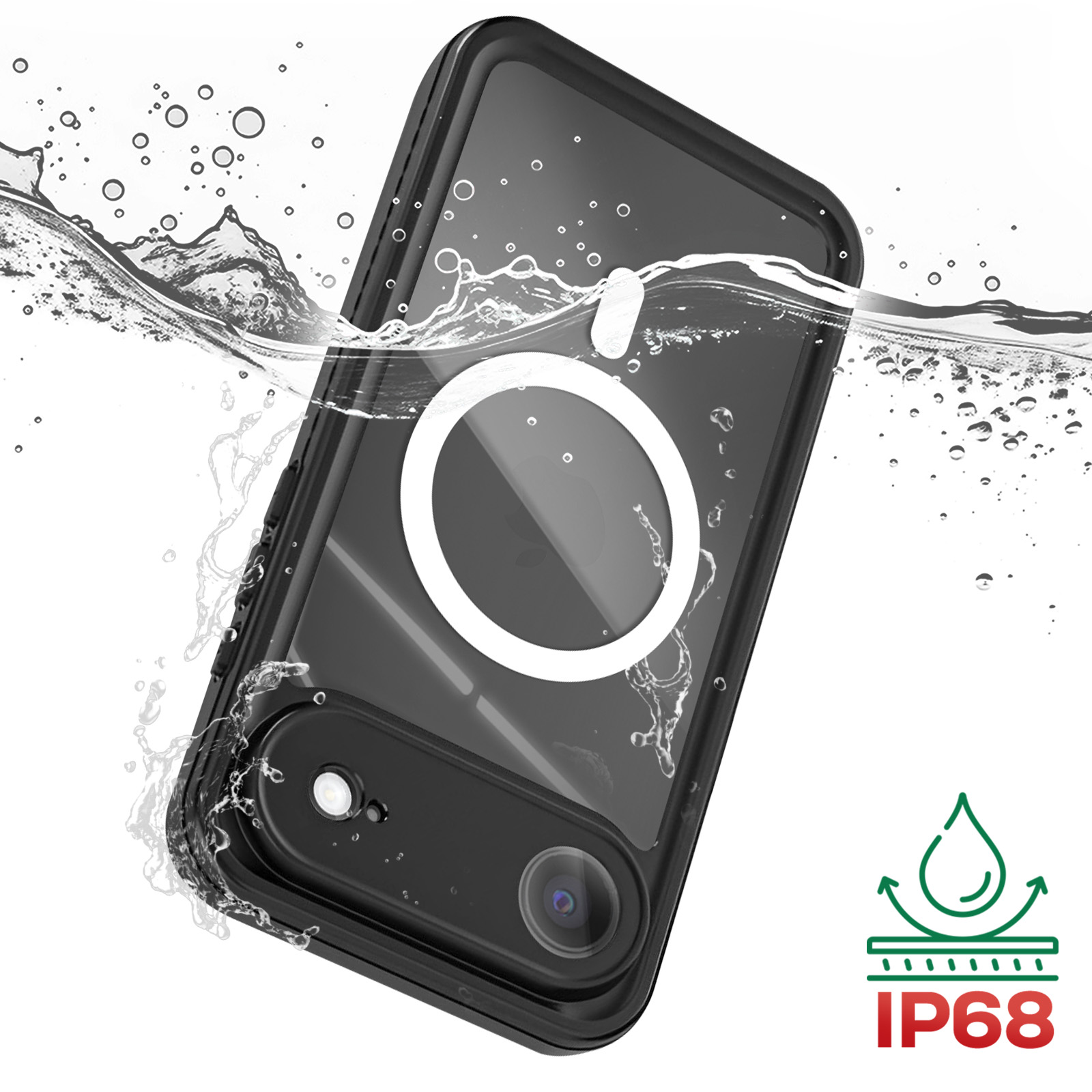 Una custodia per telefono sott'acqua. È nera con un cerchio bianco e un obiettivo. Simbolo IP68 visibile.