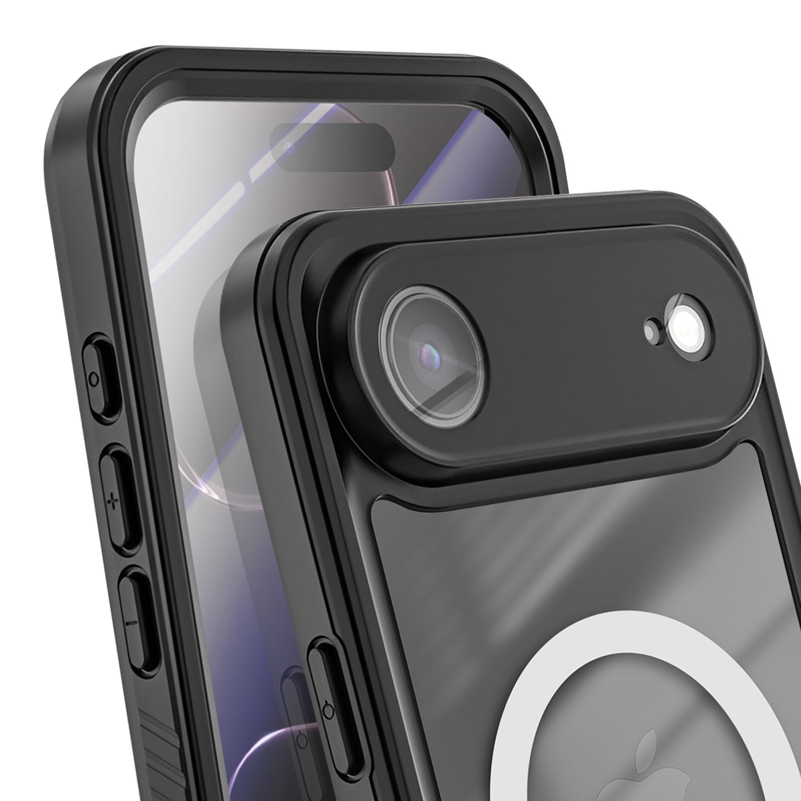 Primo piano di due custodie nere per telefono. Una è davanti, con fotocamera e logo Apple bianco. L'altra è dietro.