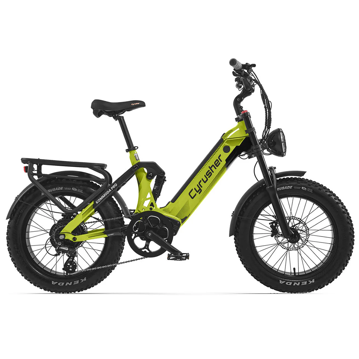 Limonkowo-zielony i czarny rower elektryczny Cyrusher. Ma grube opony, tylny bagażnik i reflektor. Rama jest kanciasta.