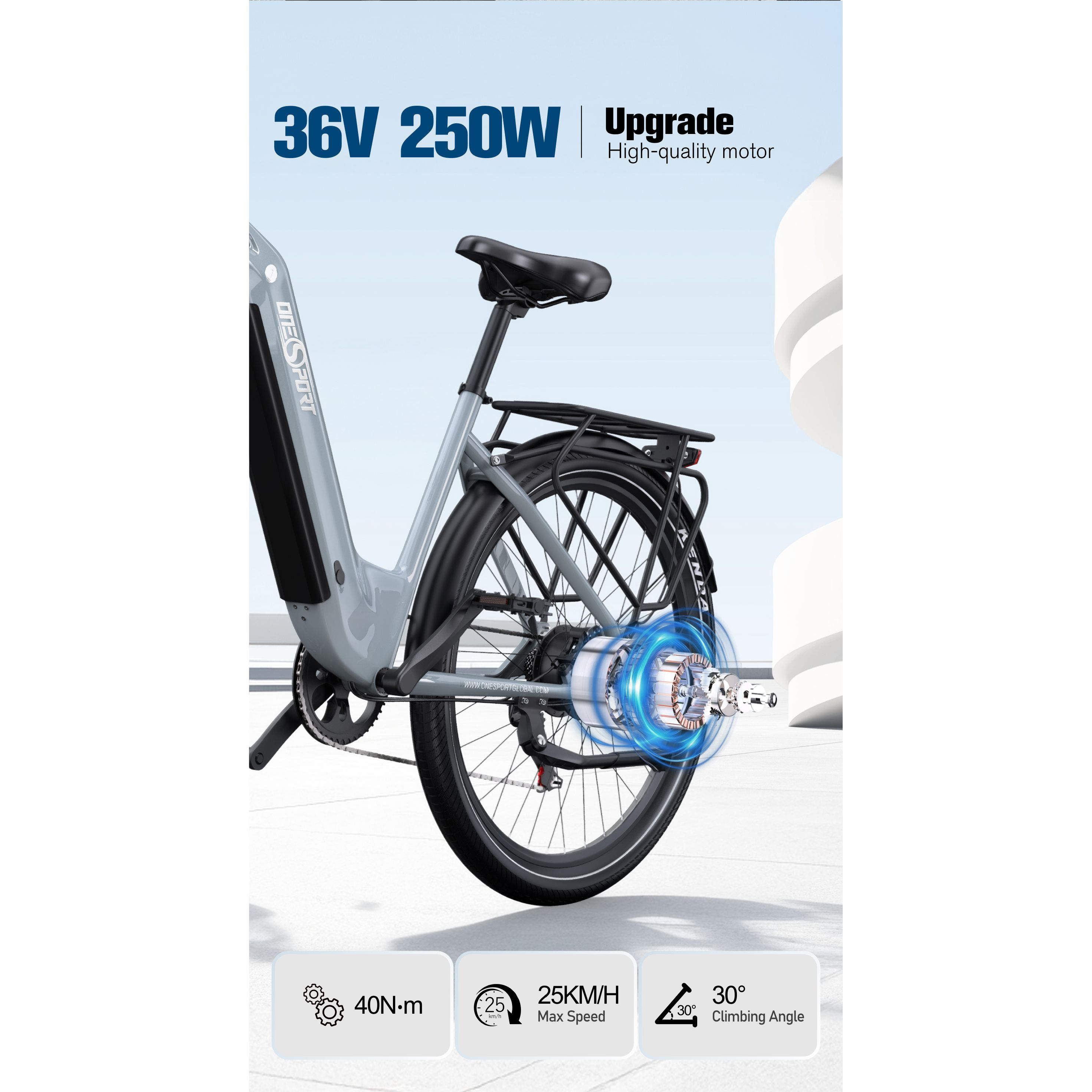 Pokazano rower elektryczny. Ma czarne siodełko i opony. Silnik jest podświetlony na niebiesko.