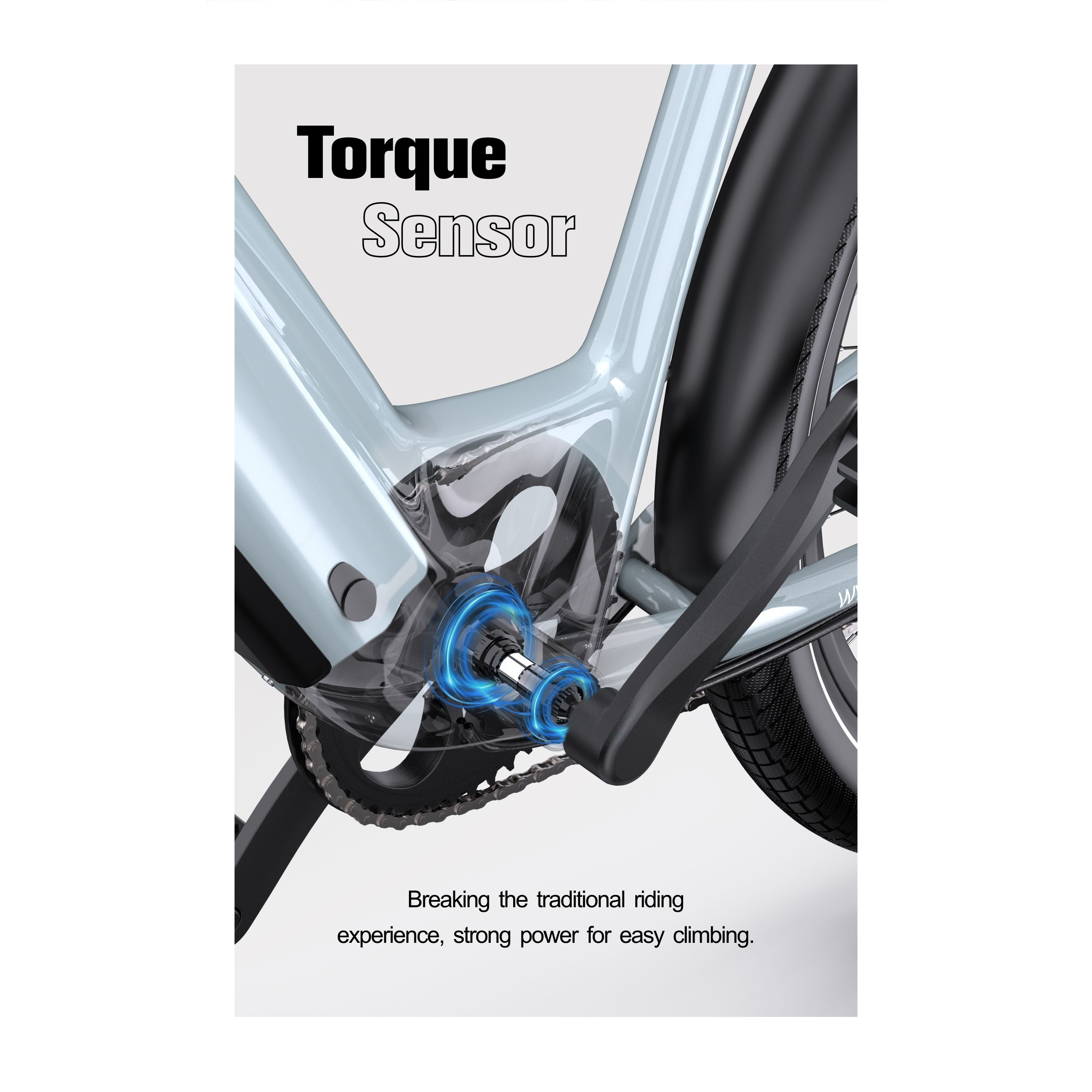Element roweru elektrycznego, pokazujący czujnik momentu obrotowego. Tekst: 'Torque Sensor'. Tło jest białe.