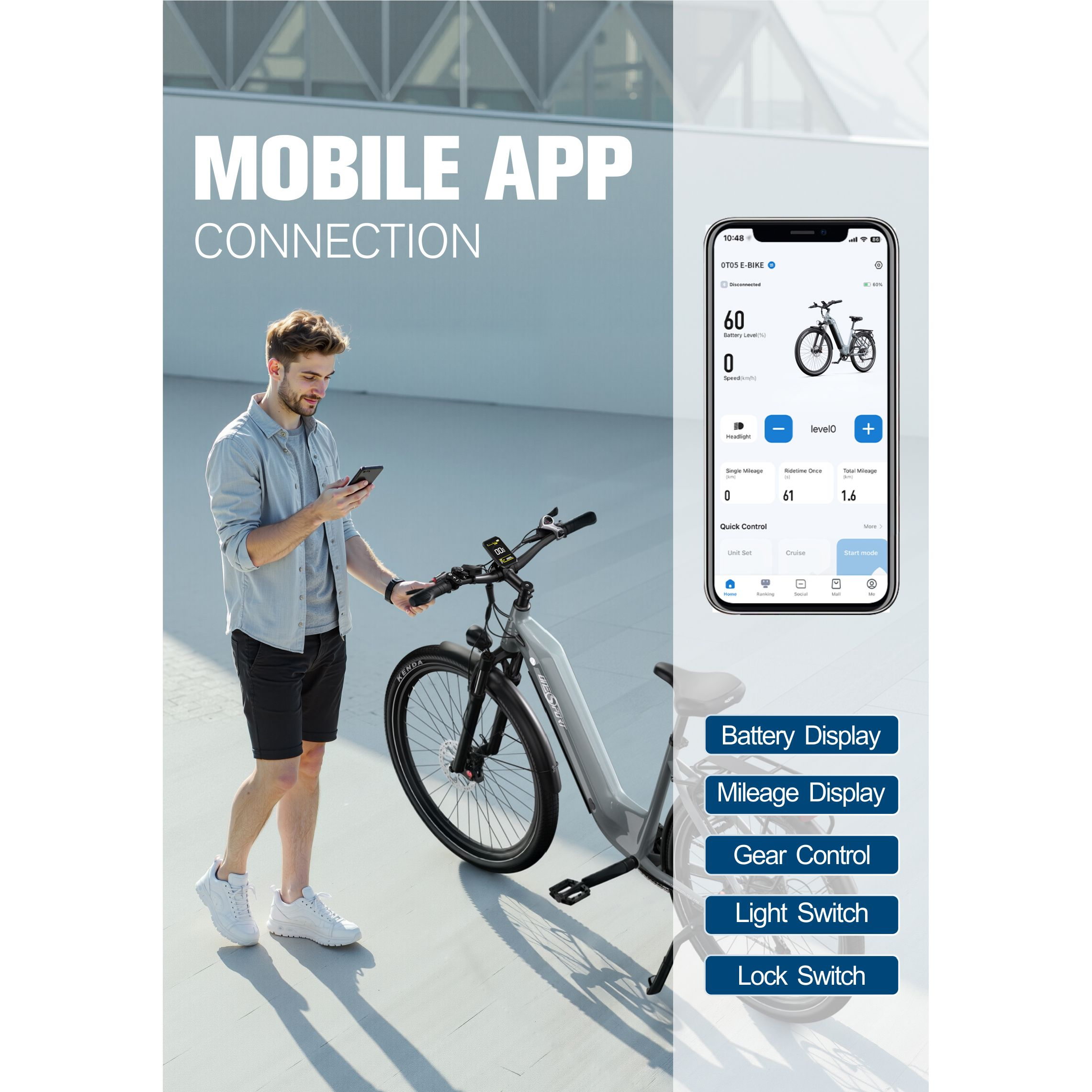 Mężczyzna używa telefonu do sterowania rowerem elektrycznym. Telefon wyświetla baterię, przebieg, bieg, światło i elementy blokady.