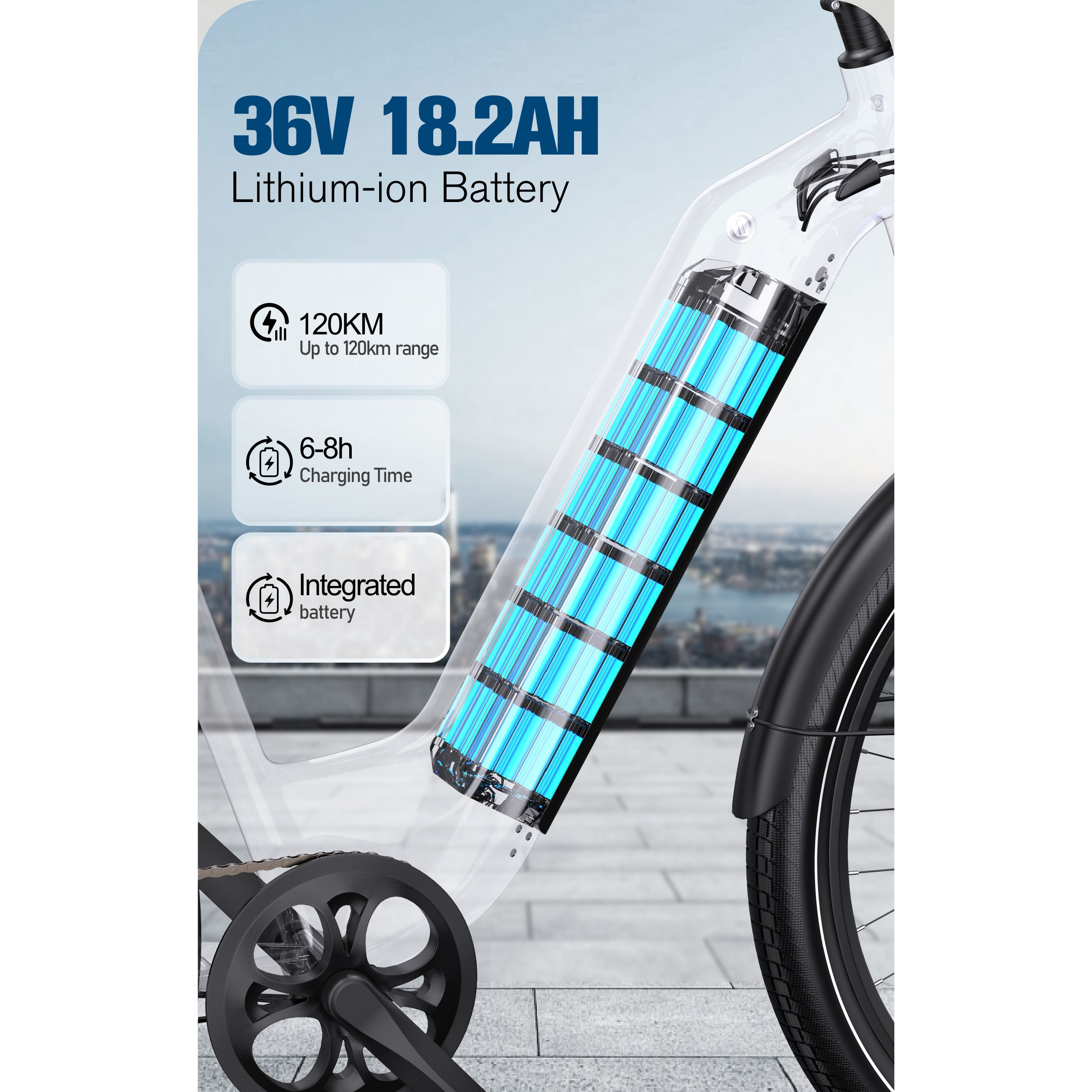 Grafika roweru elektrycznego z baterią i statystykami: 36V, 18,2AH, zasięg 120km, ładowanie 6-8h, zintegrowana bateria.