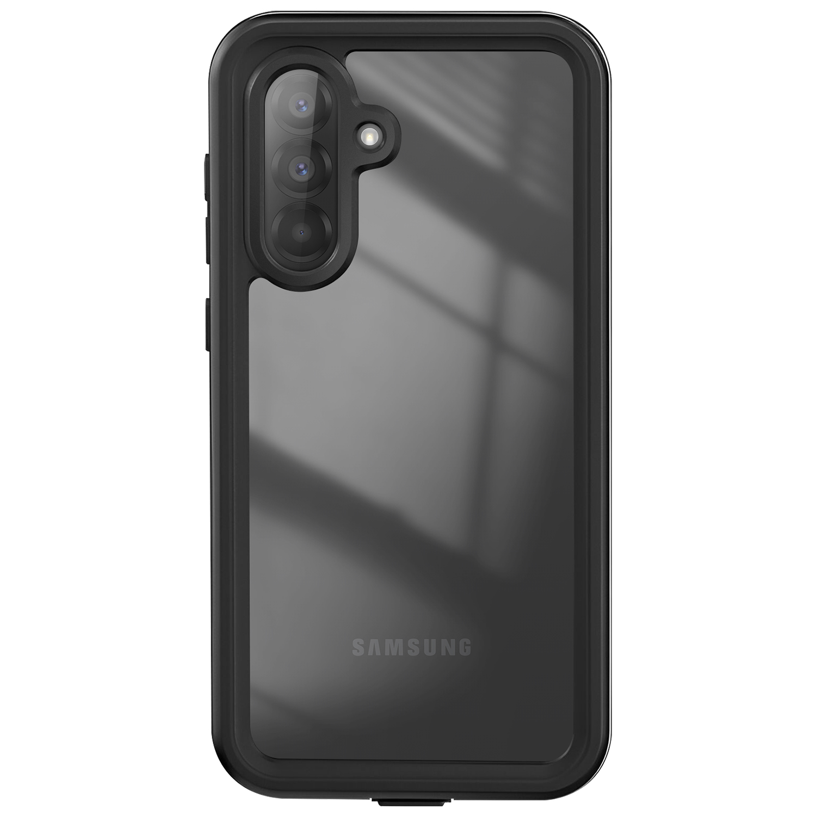 Een zwarte telefoon in een doorzichtige hoes. Het heeft drie camera's en het Samsung-logo is zichtbaar.