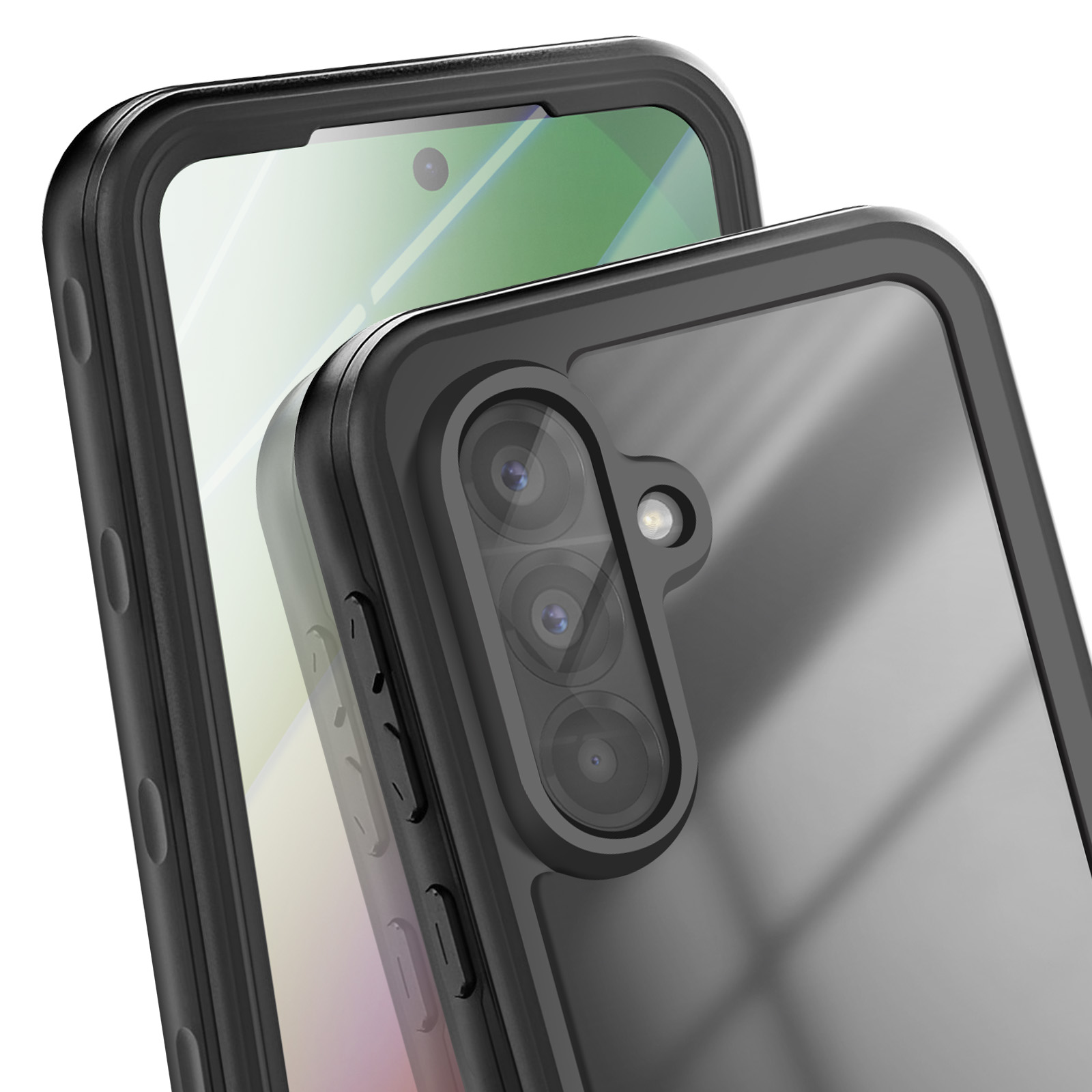 Close-up van een zwarte telefoon in een transparante hoes. Zichtbaar zijn cameralenzen, knoppen en scherm.