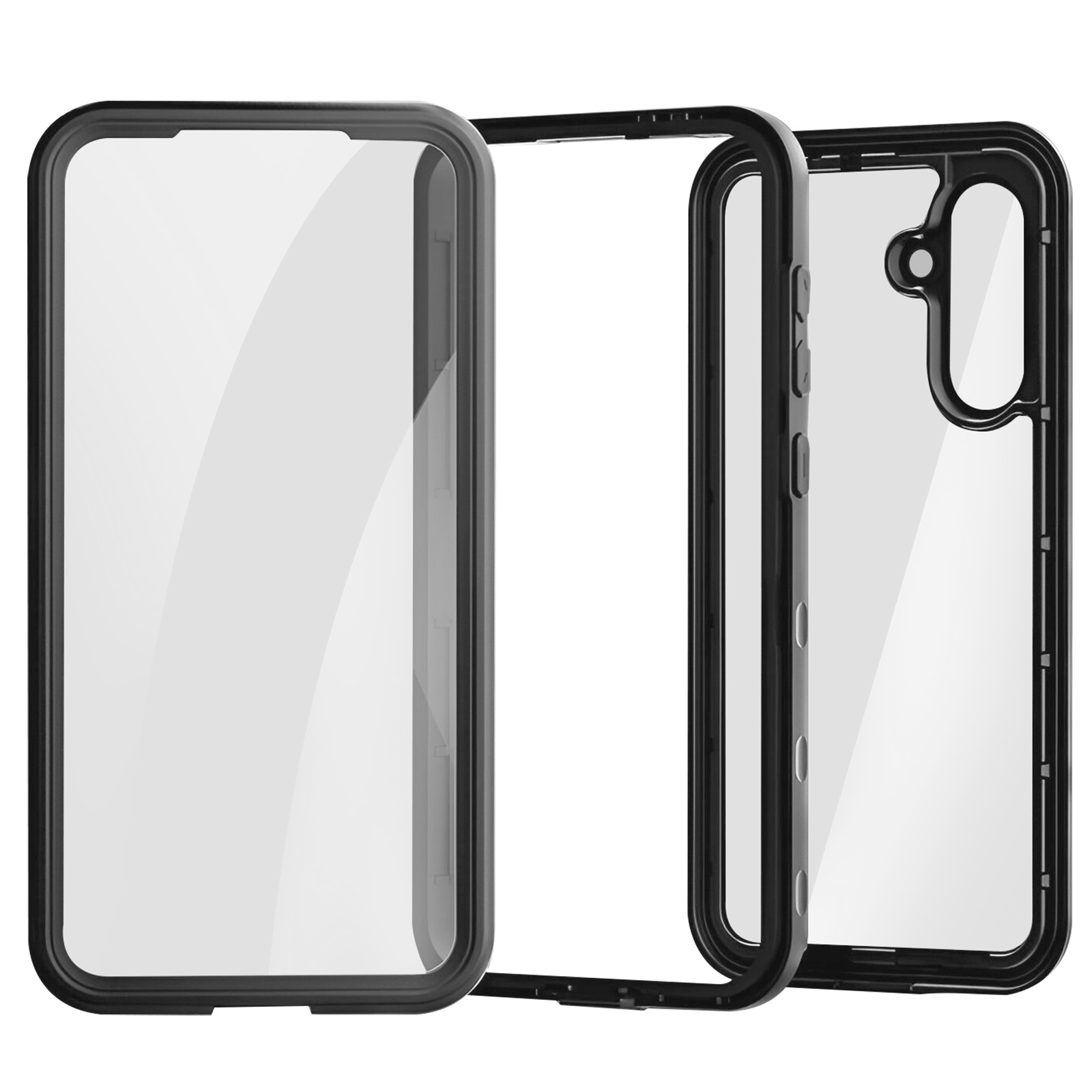 Driedelige telefoonhoes in zwart met doorzichtige delen. Onderdelen zijn gescheiden, tonen het ontwerp en lagen.