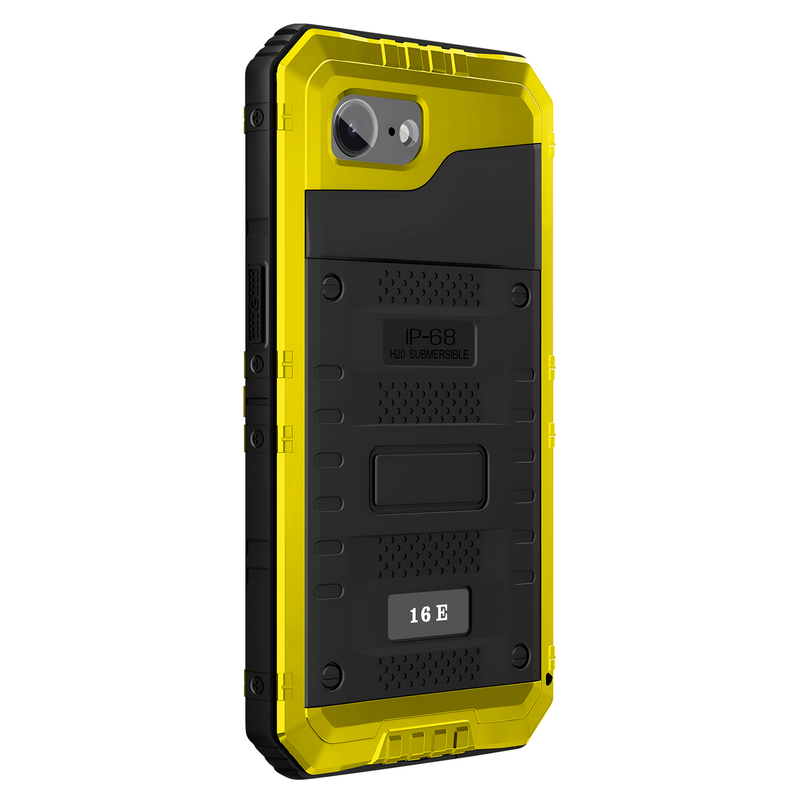 Coque de téléphone jaune et noire. Elle comporte une découpe pour l'appareil photo et le texte 'IP-68 H20 SUBMERSIBLE' et '16 E'.