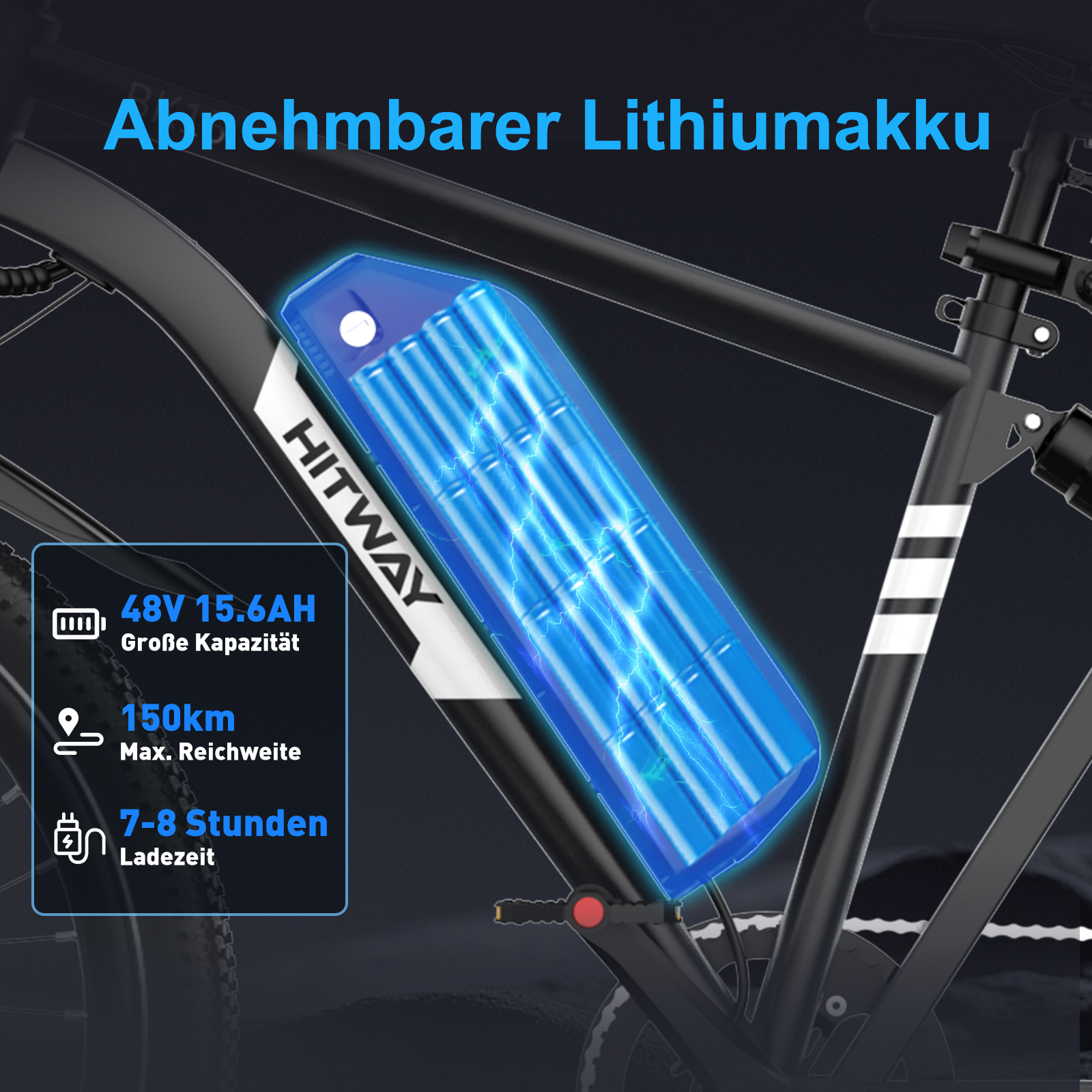 Ein E-Bike mit abnehmbarem Lithium-Akku, mit sichtbaren Spezifikationen. Der Akku ist blau und in einem transparenten Gehäuse umrissen.