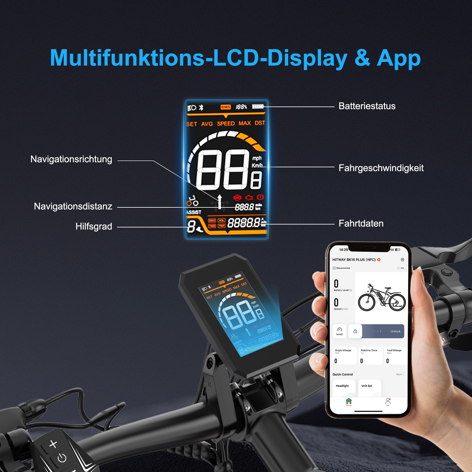 E-Scooter-Display mit Geschwindigkeit, Akku und App-Oberfläche auf einem Smartphone. Schwarzer Rollerlenker sichtbar.