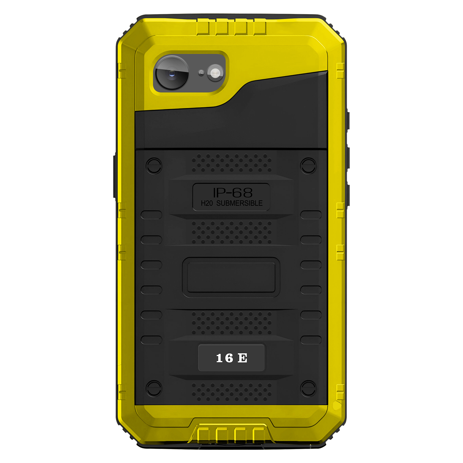 Coque de téléphone jaune et noire. Elle a une caméra et le texte 'IP-68 H20 Submersible'. Il y a aussi '16 E'.