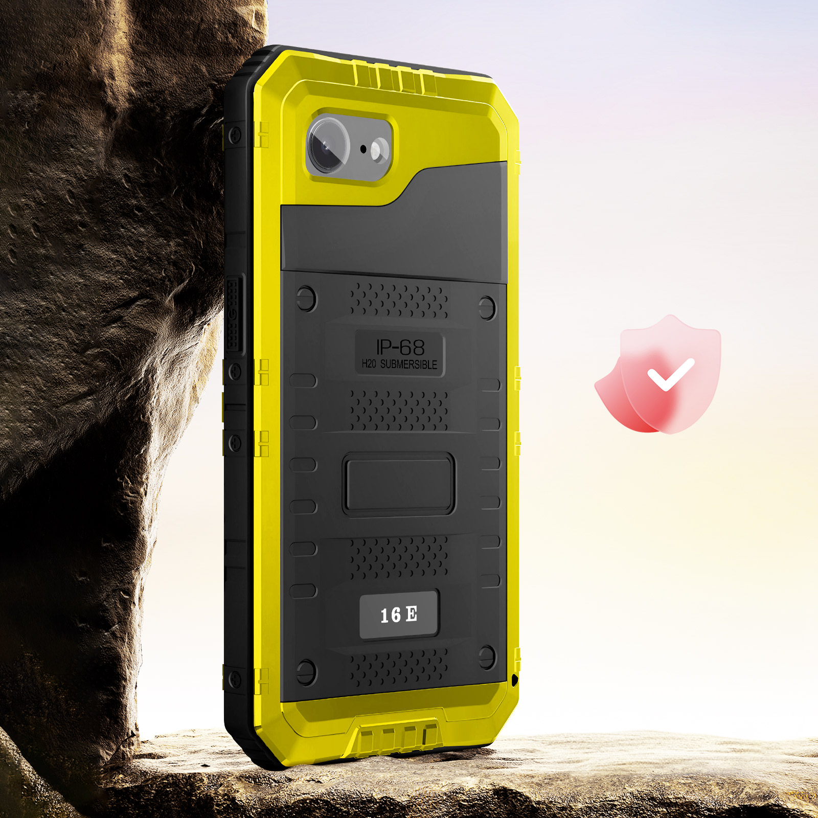 Coque de téléphone jaune et noire. Le boîtier porte l'étiquette IP-68, H20 submersible. Un bouclier rose avec une coche à droite.