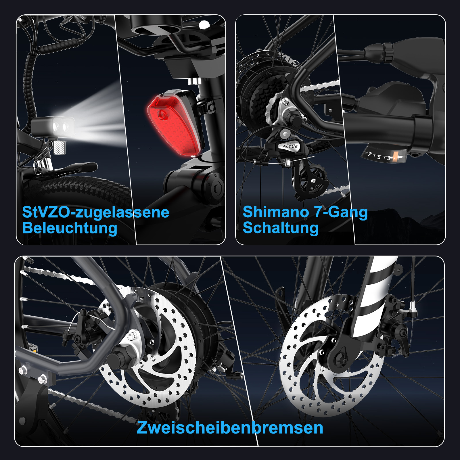 Komponenty roweru: światła, biegi Shimano, hamulce tarczowe. Sekcje pokazują szczegóły na ciemnym tle.