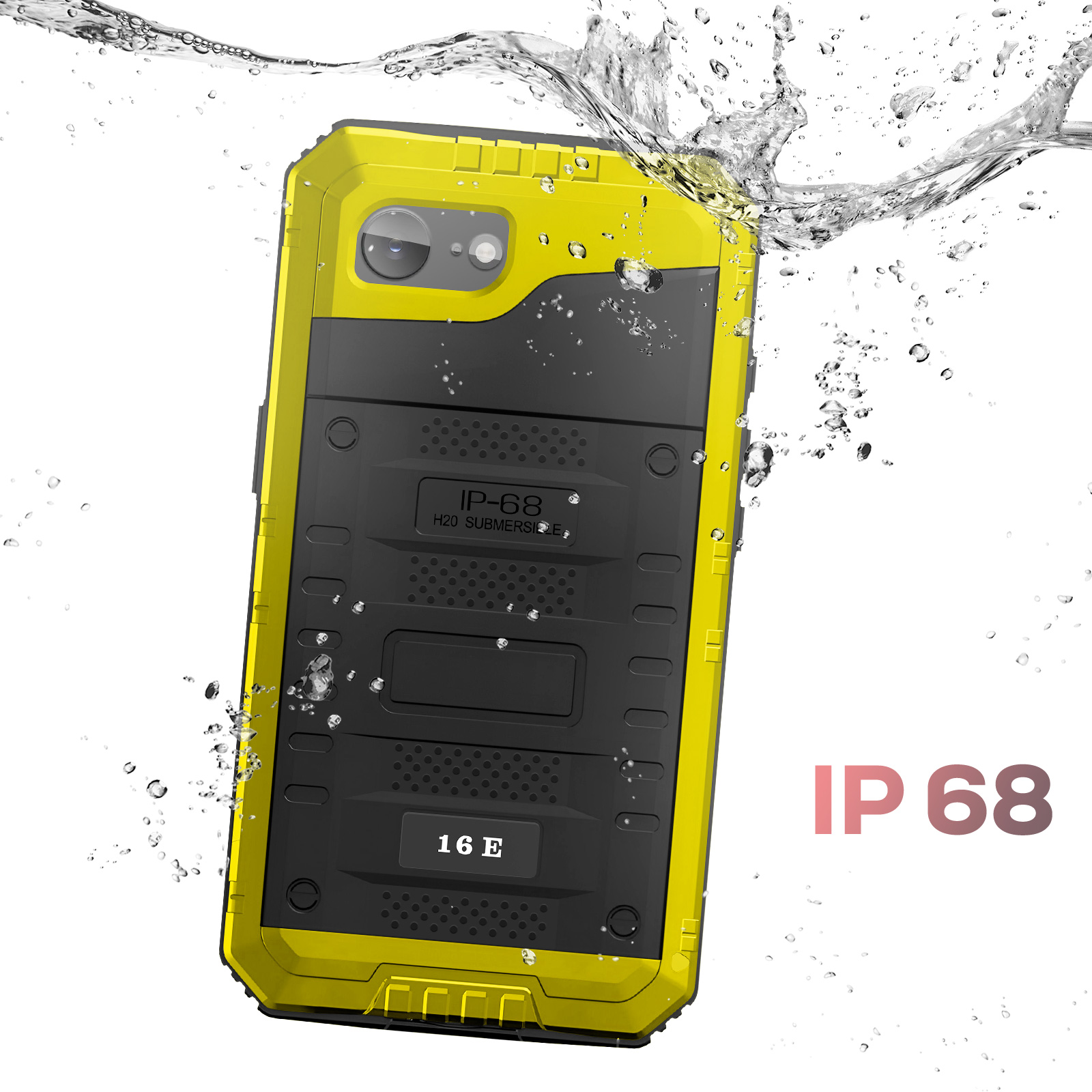 Coque de téléphone jaune et noire immergée dans l'eau, avec des gouttelettes. Texte "IP 68" visible. La coque est étanche.