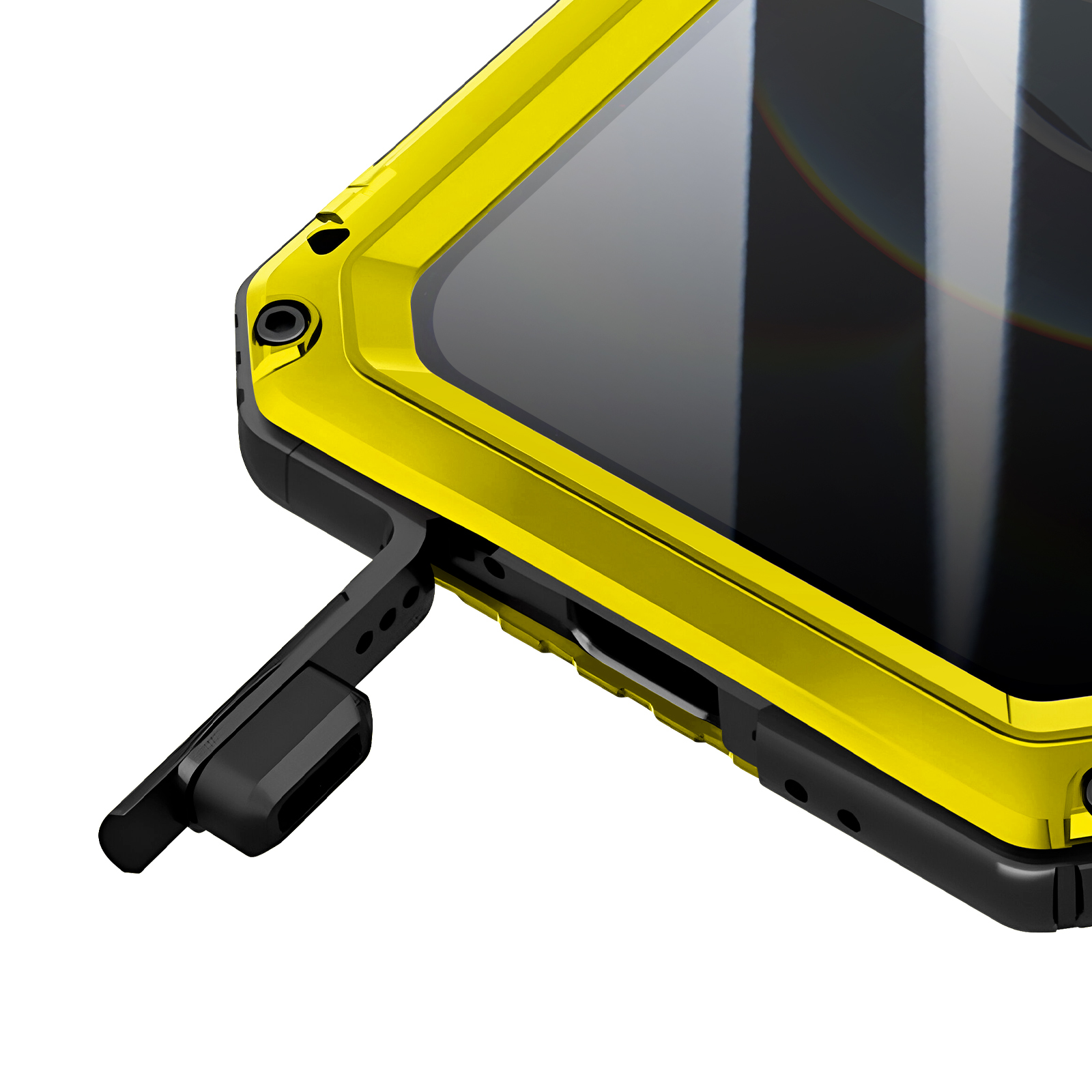 Gros plan sur une coque de téléphone jaune avec un cadre de protection noir et un cache de port noir, sur fond blanc.