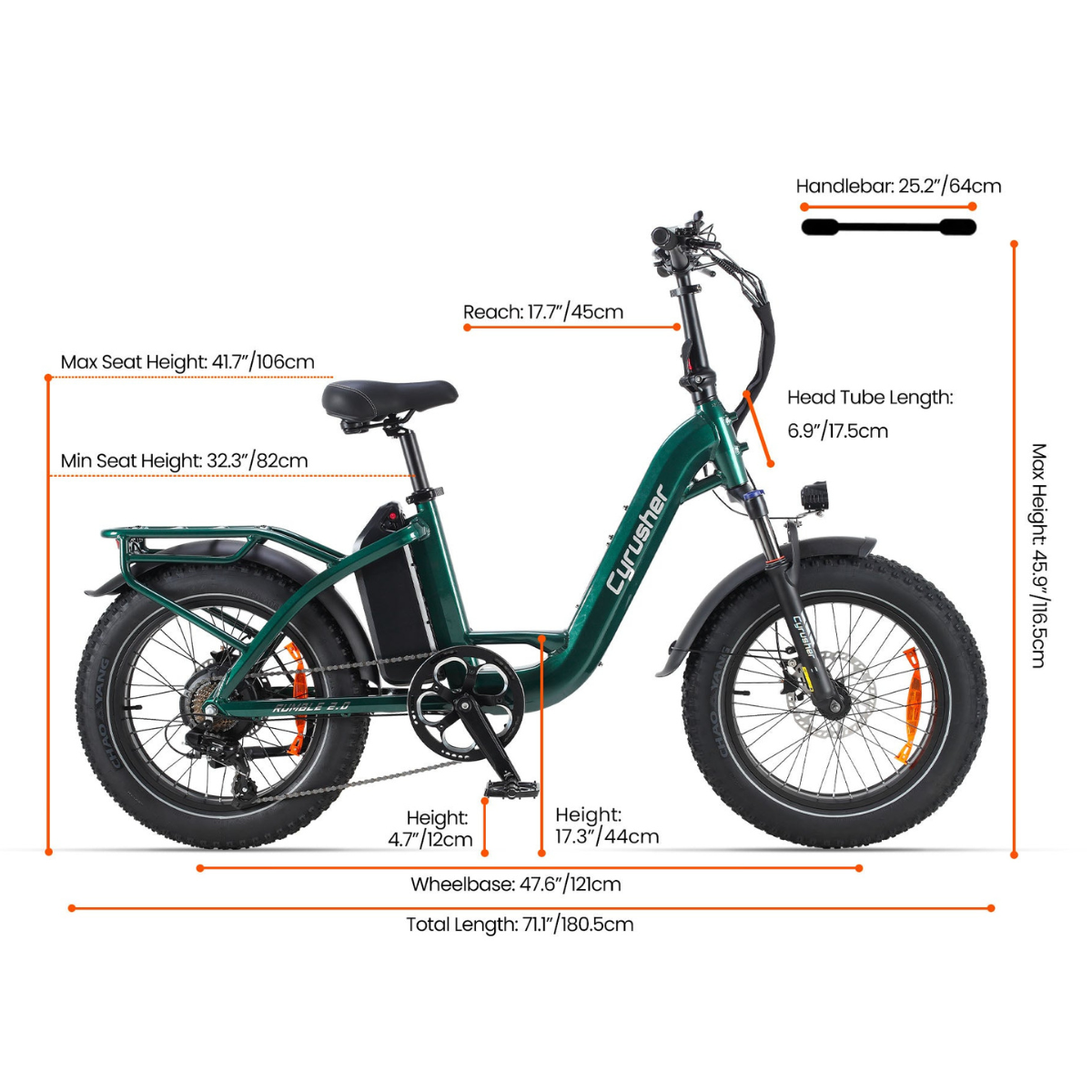Zielony rower elektryczny Cyrusher z oznaczonymi wymiarami. Szczegóły obejmują kierownicę, wysokość siodełka, zasięg i inne pomiary.