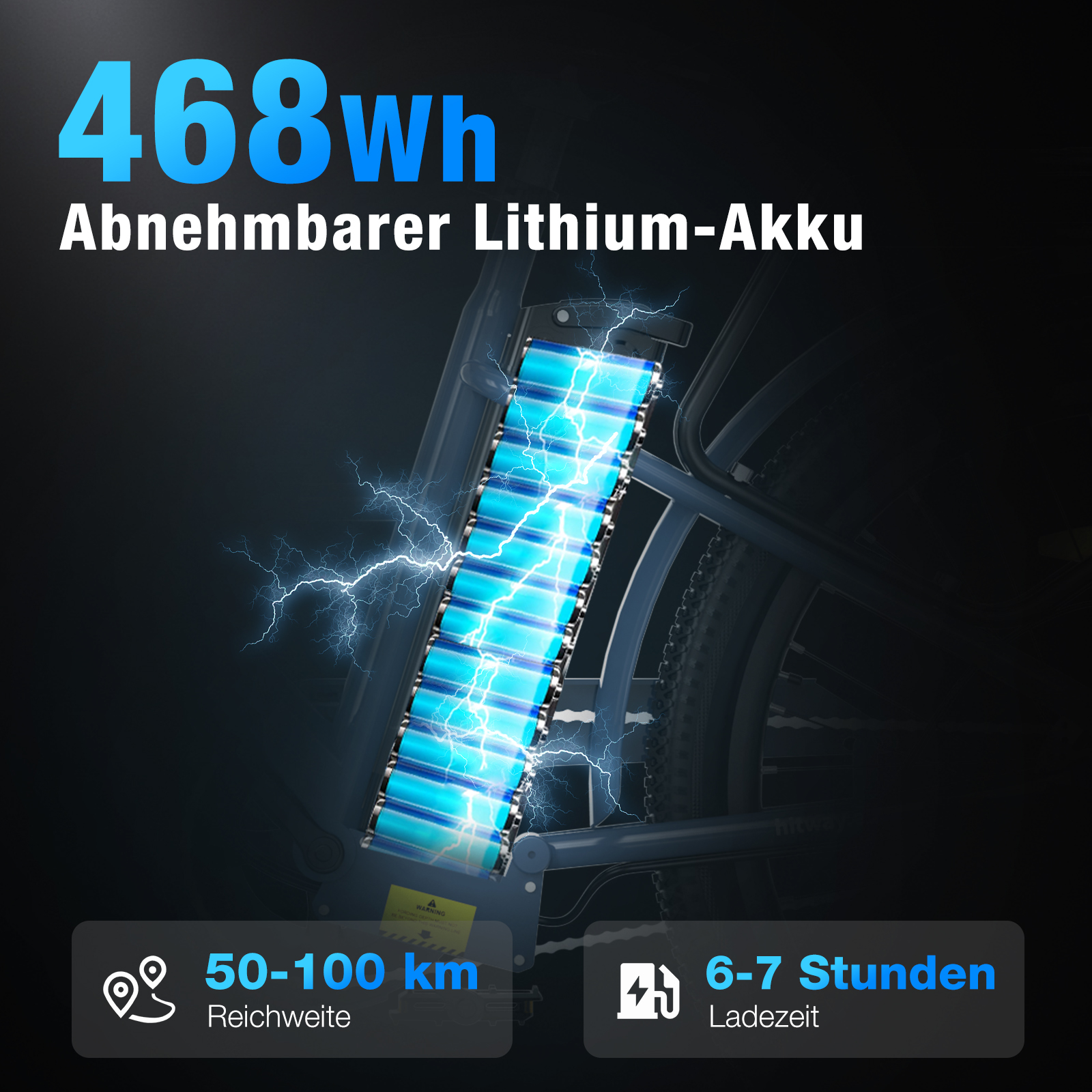Ein E-Bike-Akku mit 468 Wh, 50-100 km Reichweite und 6-7 Stunden Ladezeit, mit einem blauen Akkupack.