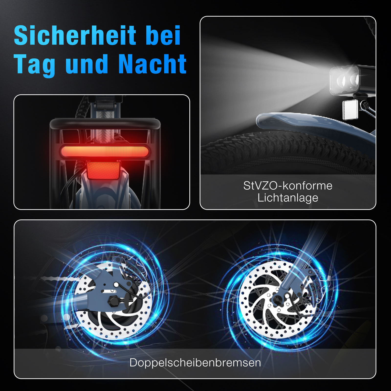 Das Bild zeigt Fahrradlichter, Rücklicht und Scheibenbremsen. Text auf Deutsch: Sicherheit bei Tag und Nacht. StVZO-konforme Lichtanlage.