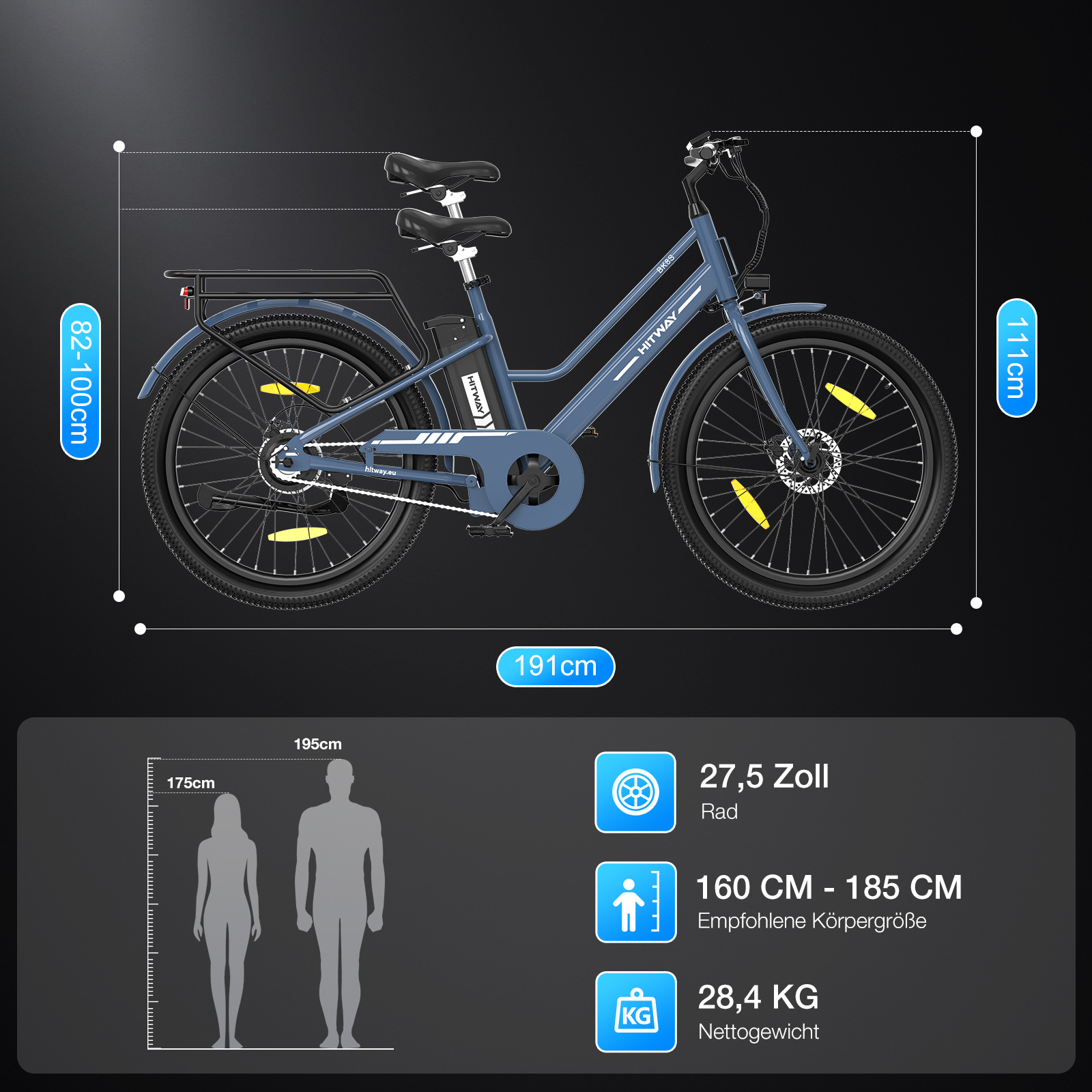 Blaues E-Bike mit Abmessungen. Enthält Radgröße, Höhenbereich und Gewicht. Die Marke ist Hitway.