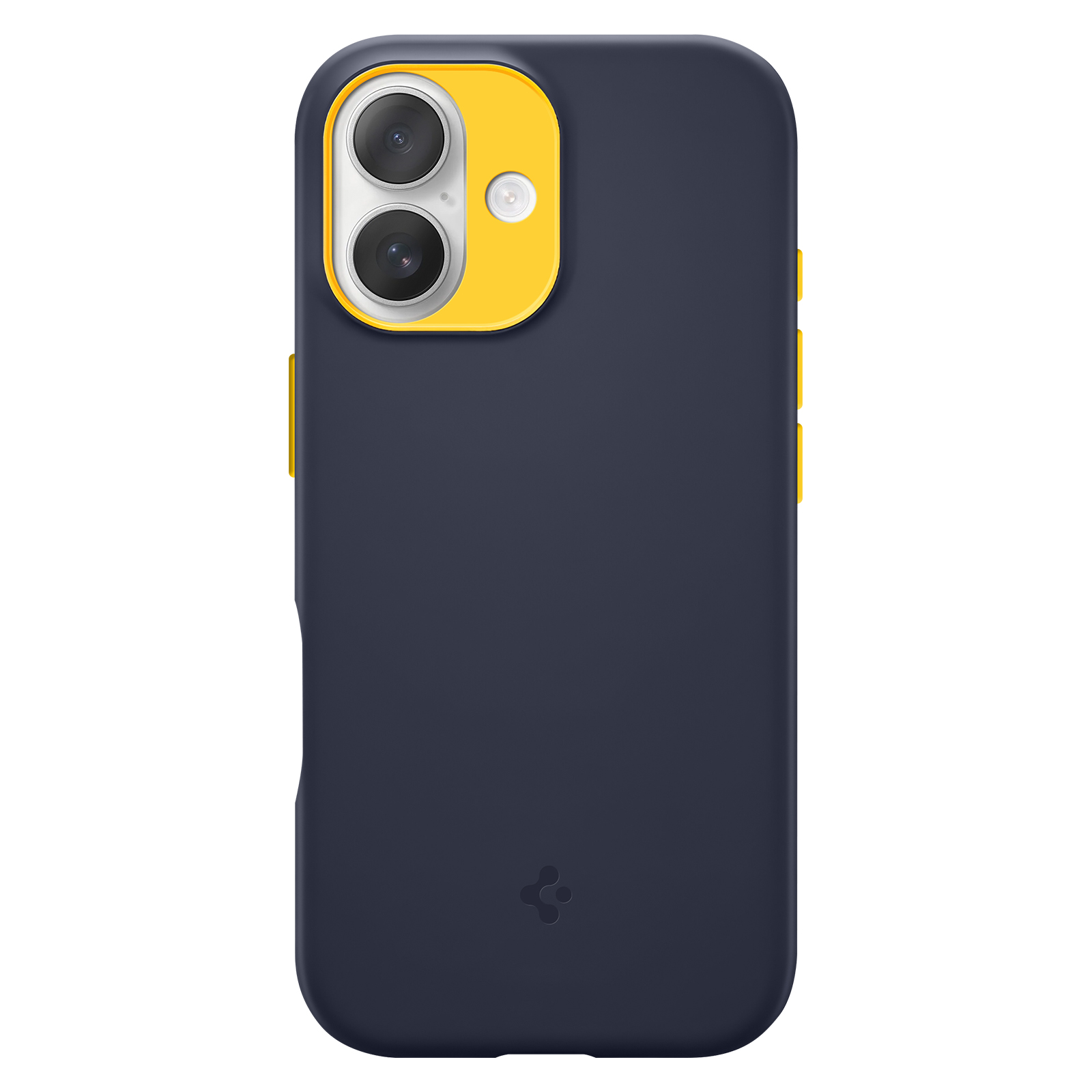 Custodia per telefono blu scuro con ritaglio fotocamera e pulsanti gialli. Logo Spigen.