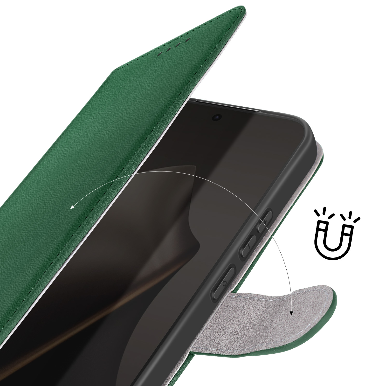 Grüne Handyhülle geöffnet, zeigt ein schwarzes Telefon. Ein Magnetsymbol ist rechts.