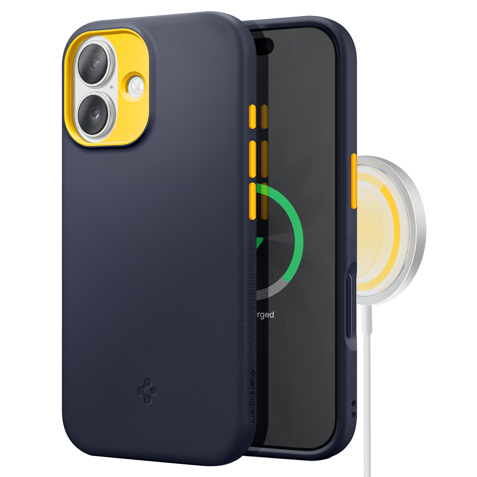 Una custodia blu navy con cornice gialla della fotocamera, che oscura parzialmente un telefono che mostra un simbolo di carica, con un caricatore bianco.