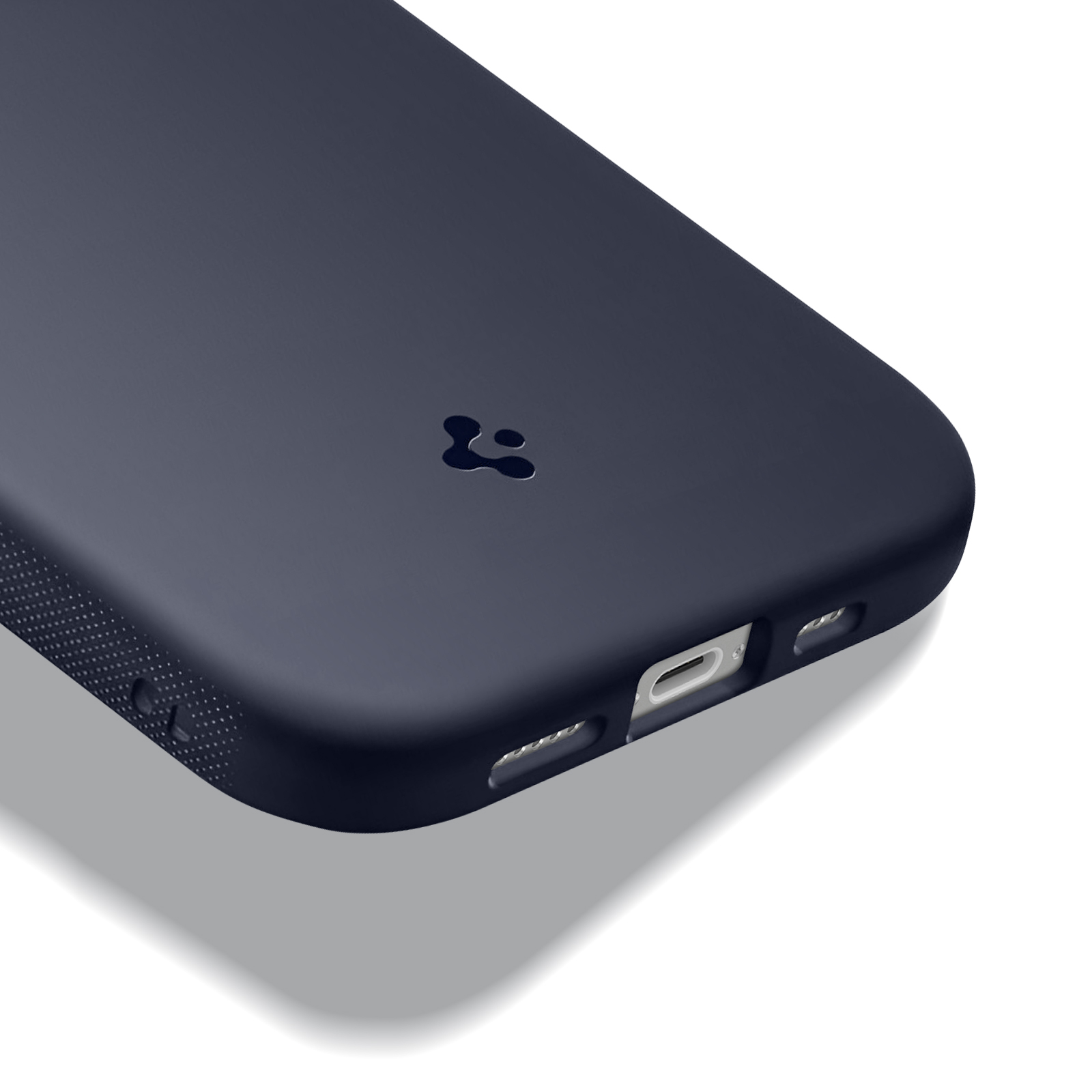 Una custodia per telefono blu scuro su sfondo bianco. Ha un logo e varie aperture.