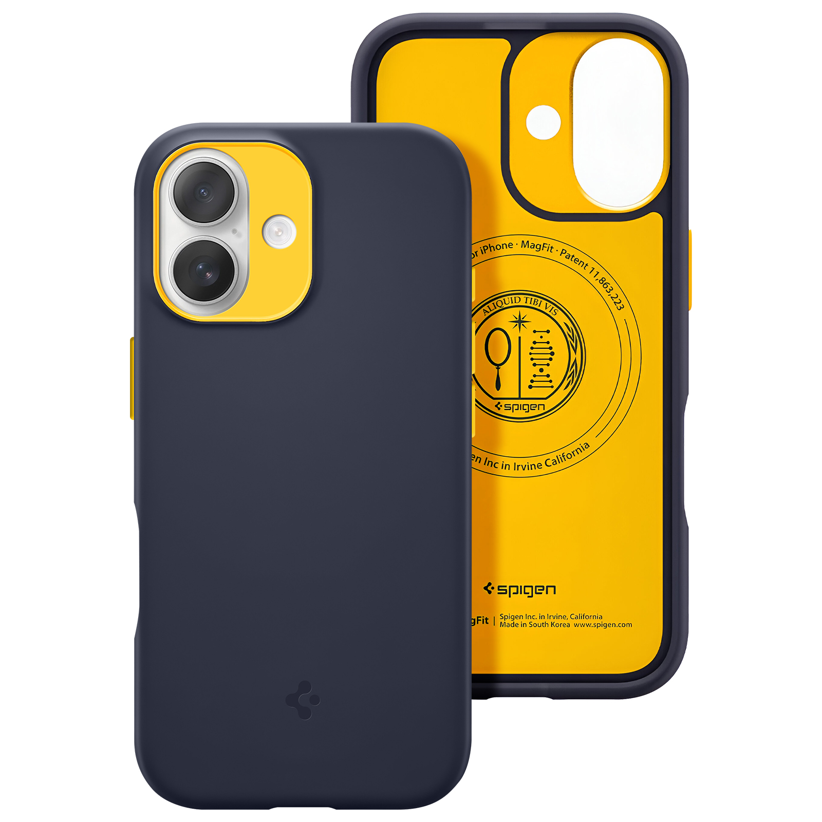 Due custodie per telefoni. Una blu scuro, l'altra gialla all'interno. Entrambe hanno il logo Spigen.