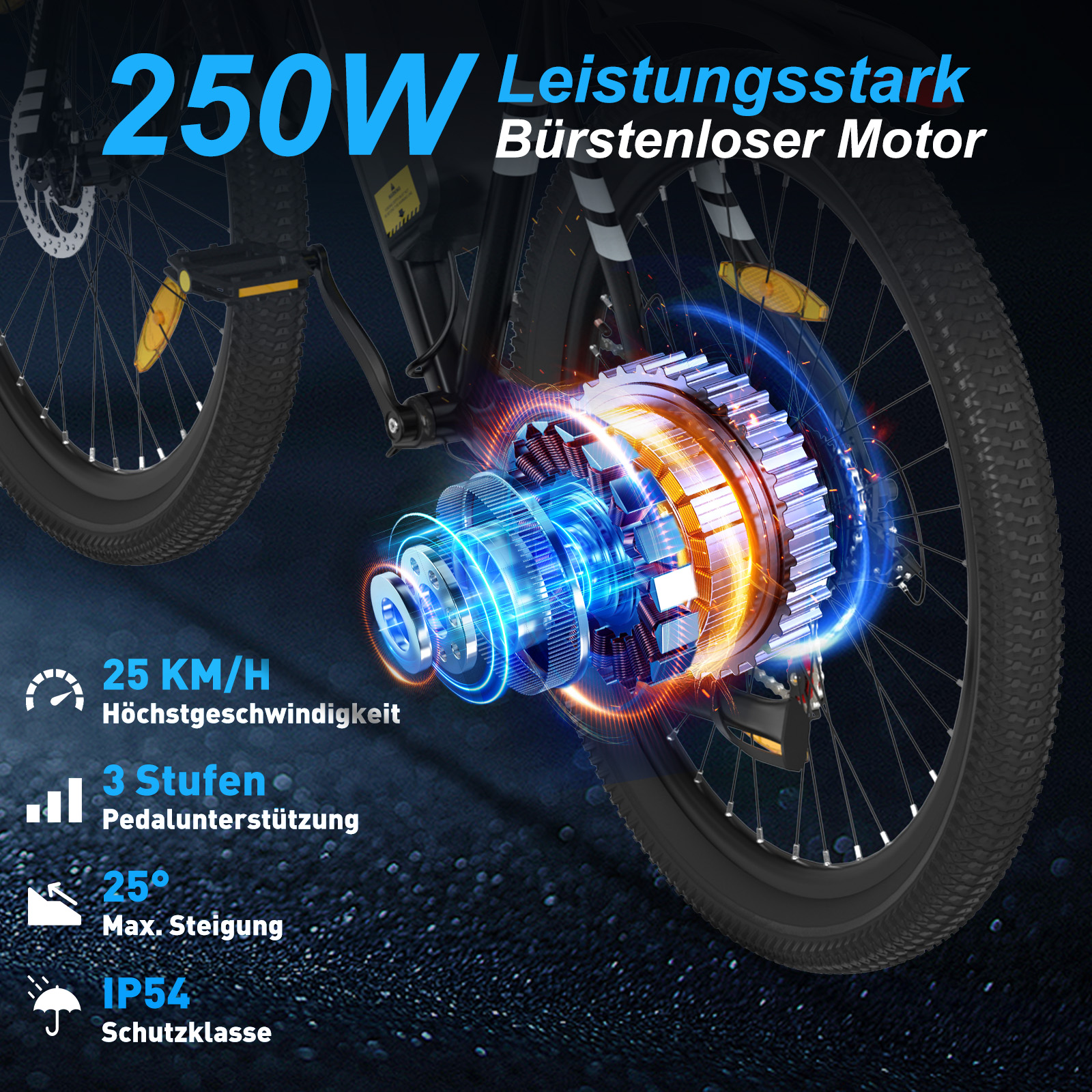 Ein E-Bike mit starkem Motor wird angezeigt. Zu den Merkmalen gehören Geschwindigkeit, Tretunterstützung und Steigung.