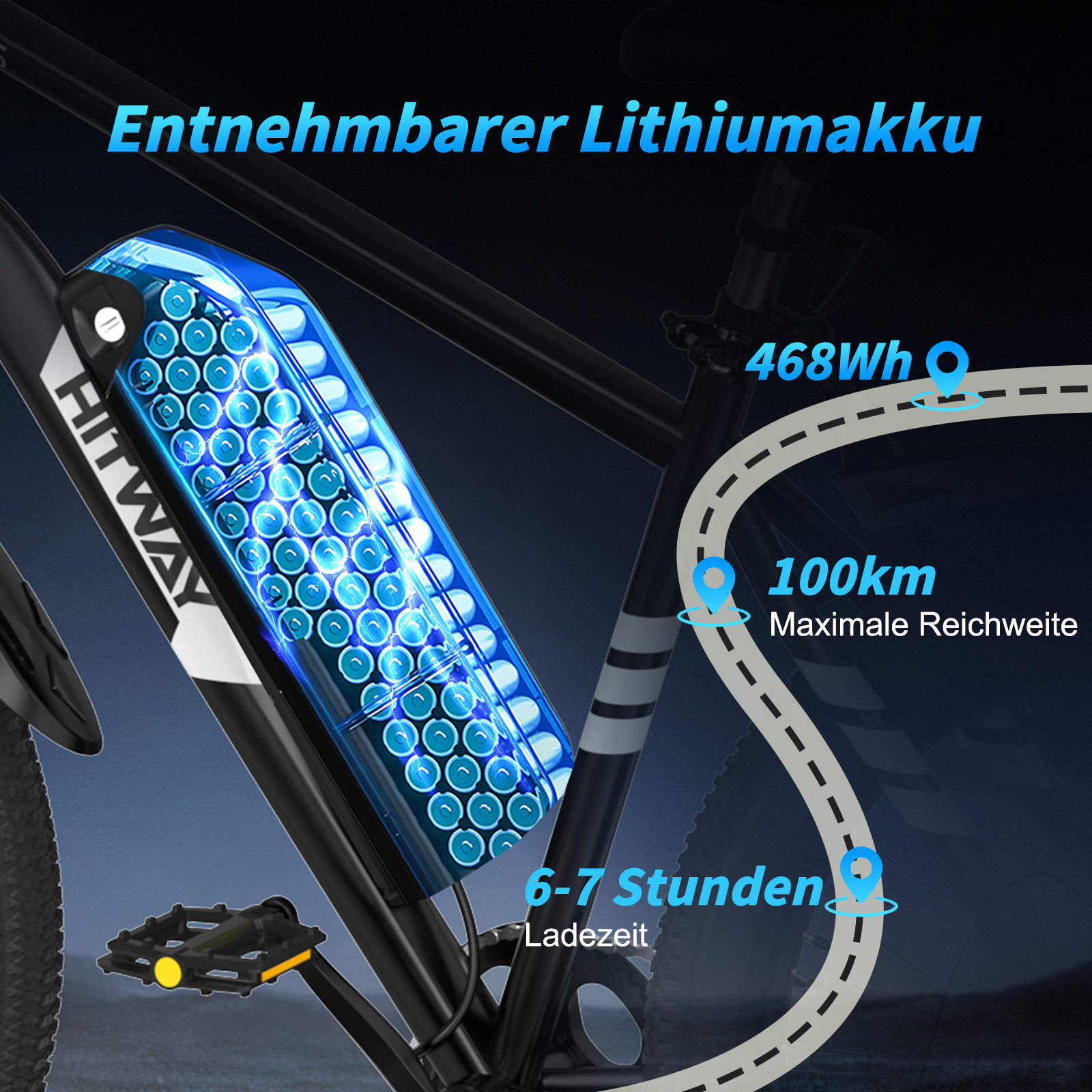 Ein E-Bike zeigt einen blauen Akku, Text über Reichweite und Ladezeit. Das Fahrrad ist schwarz mit weißen Streifen. Die Marke HITWAY.