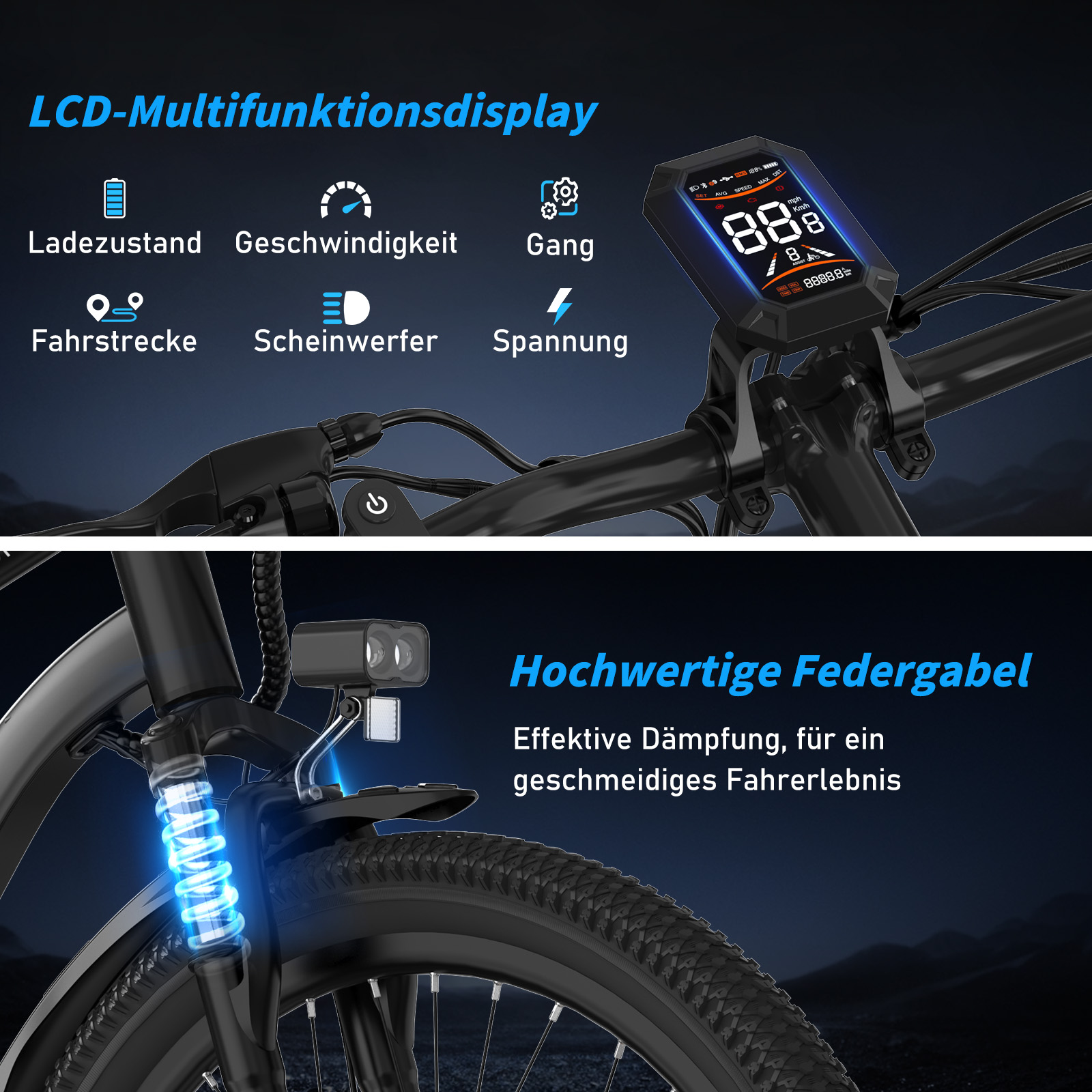 Detail eines schwarzen Elektrofahrrads mit Anzeige von Geschwindigkeit, Akku und Licht, sowie Vorderradaufhängung und Reifen.