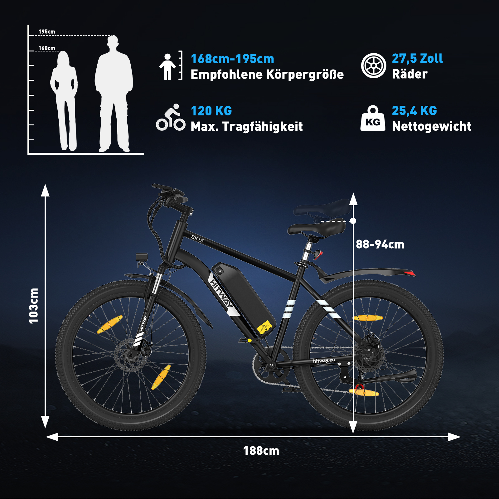 Schwarzes HITWAY E-Bike mit Abmessungen. Zeigt Höhe, Tragfähigkeit, Radgröße und Nettogewicht.