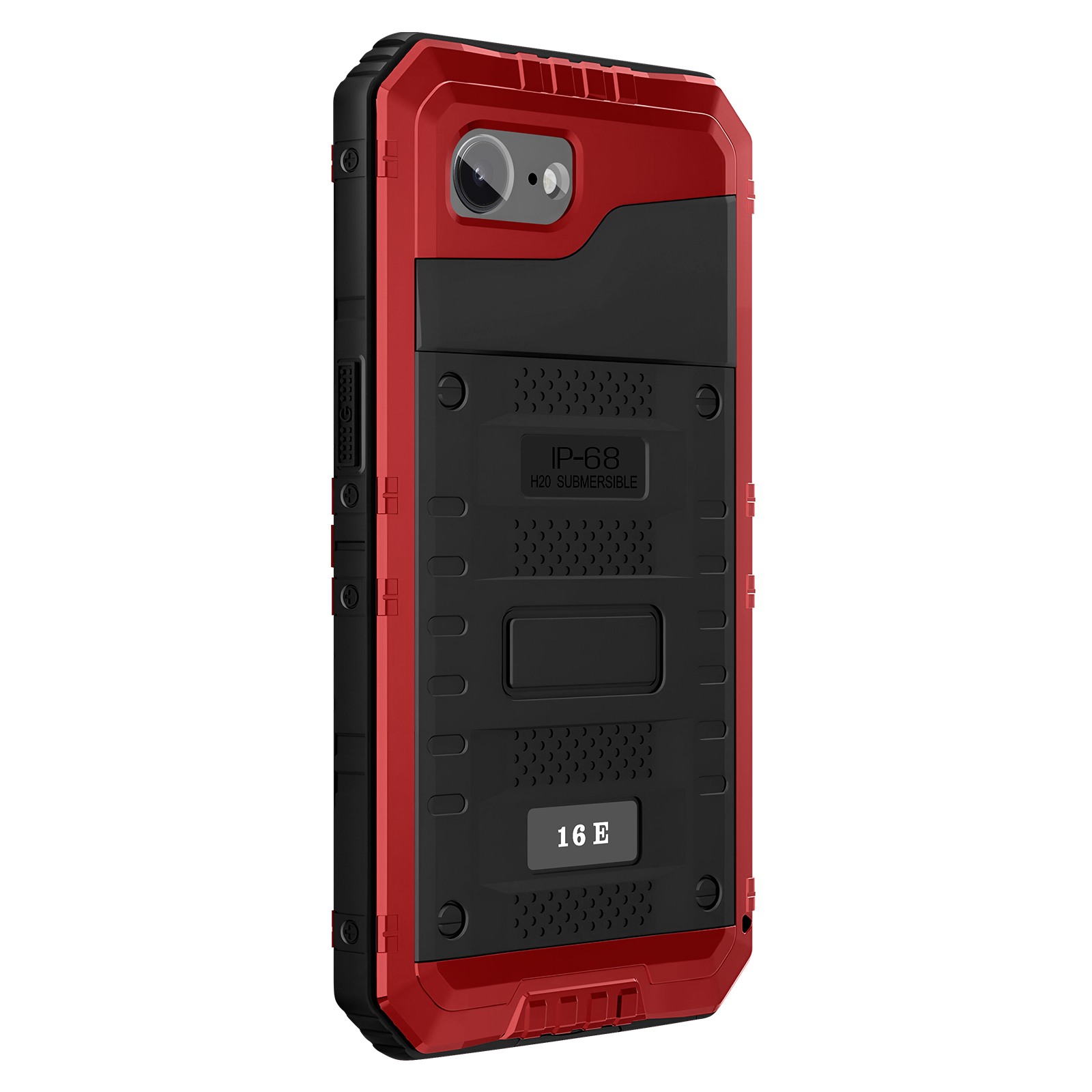 Een rood-zwarte telefoonhoes met een uitsparing voor de camera en de tekst 'IP-68 H20 SUBMERSIBLE' en '16 E'.