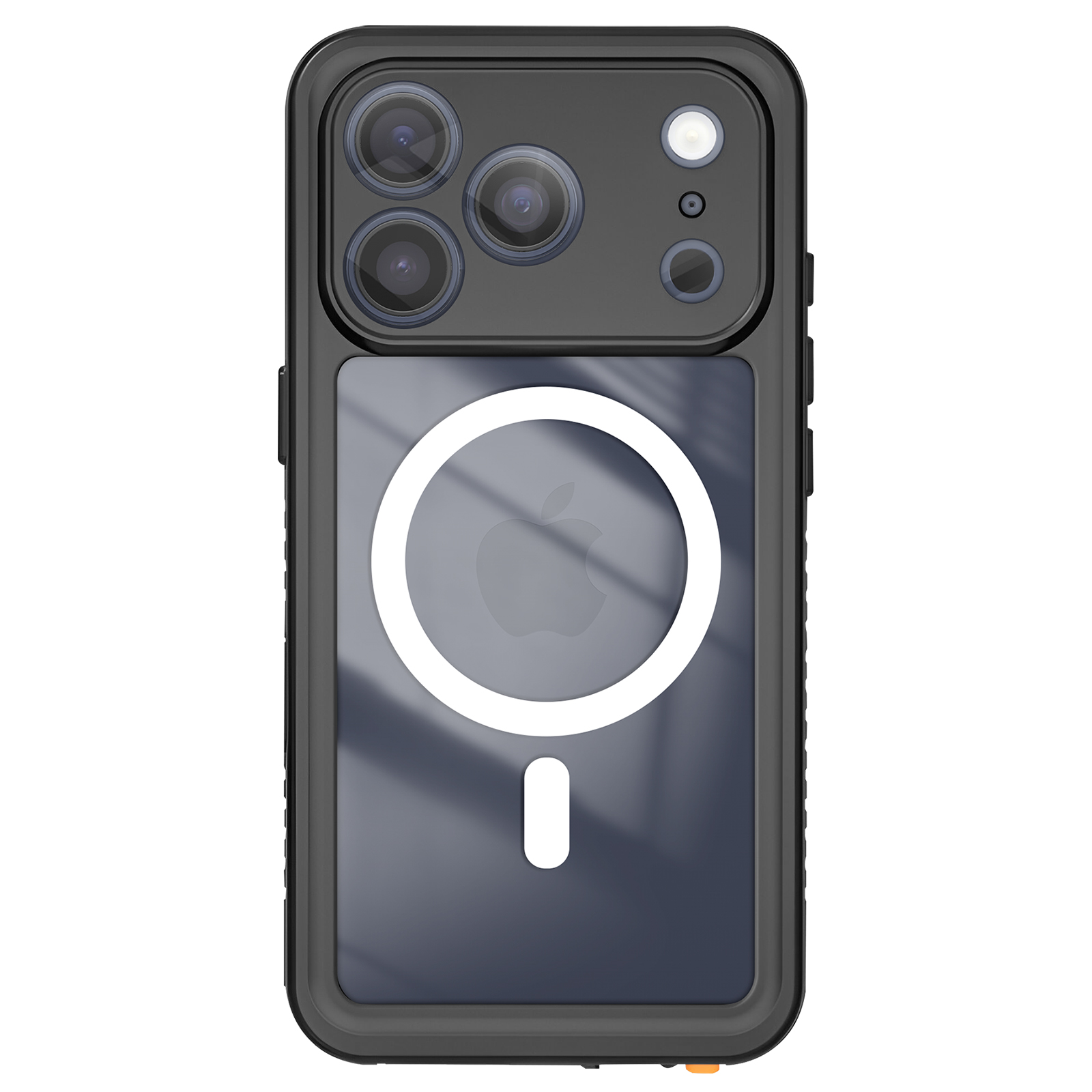 Eine schwarze iPhone-Hülle mit weißem Ring und Minuszeichen. Sie hat mehrere Kameralinsen und ein weißes Apple-Logo.