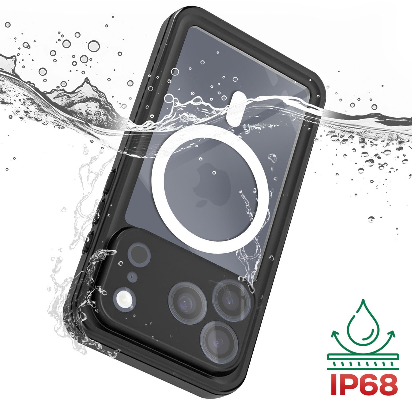 Schwarze Handyhülle unter Wasser. Zeigt die Kamera des Telefons, einen weißen Kreis und die IP68-Wasserdichtigkeitsklasse.