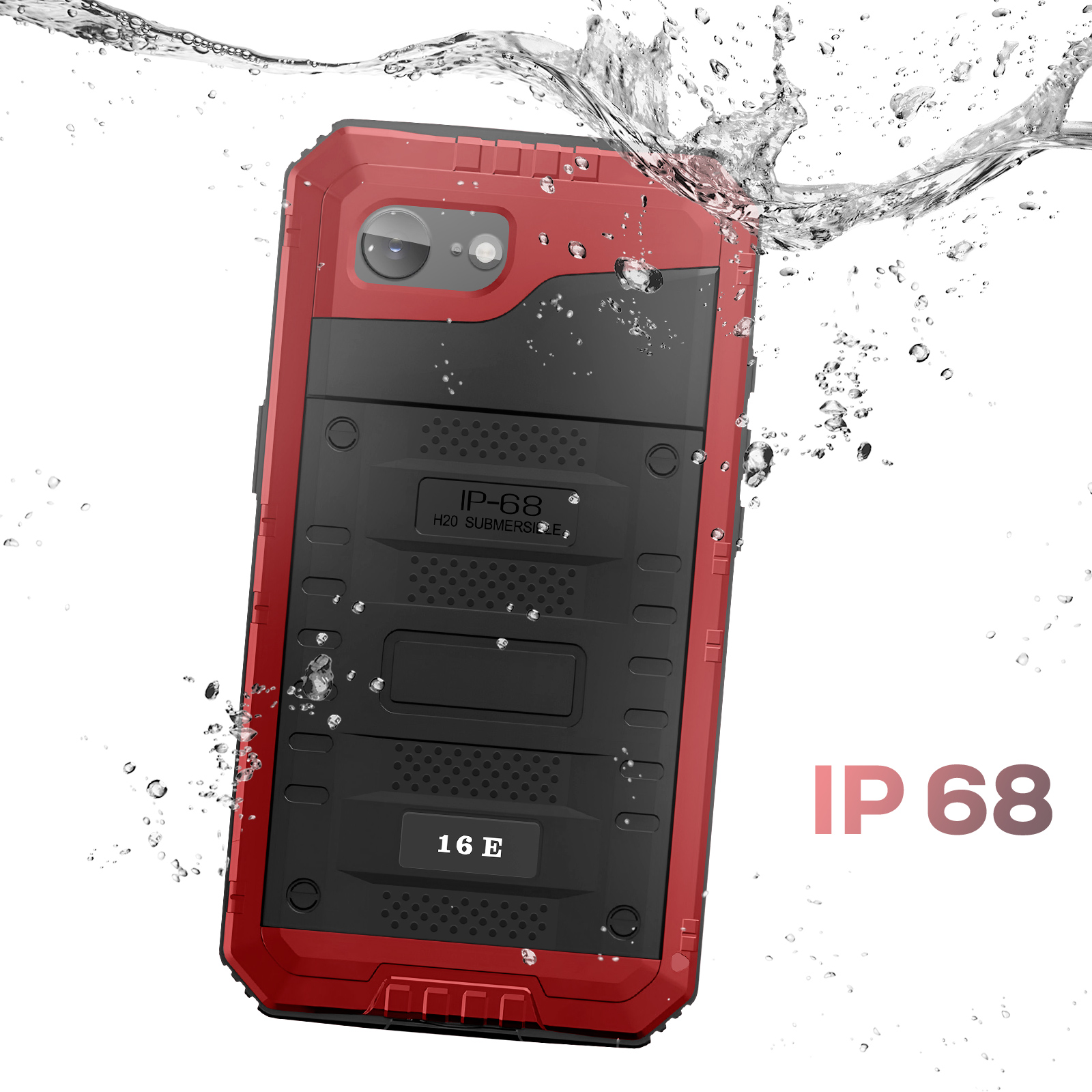 Rode en zwarte telefoonhoes ondergedompeld in water. Water spettert rond de hoes. De hoes heeft de markering IP-68.
