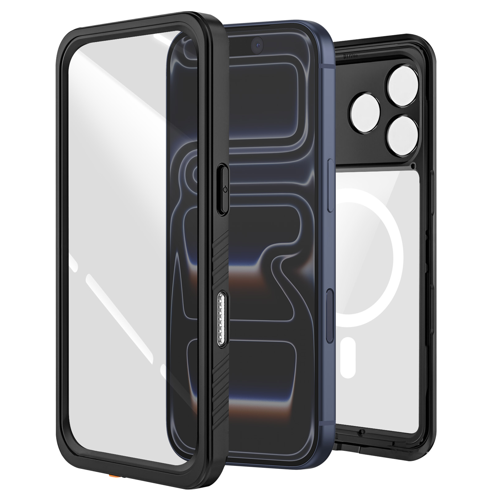 Dreiteilige Handyhülle, schwarze Rahmen, blaues Telefon, klarer Displayschutz. Rückseite hat Kameraausschnitte und weißen Kreis.