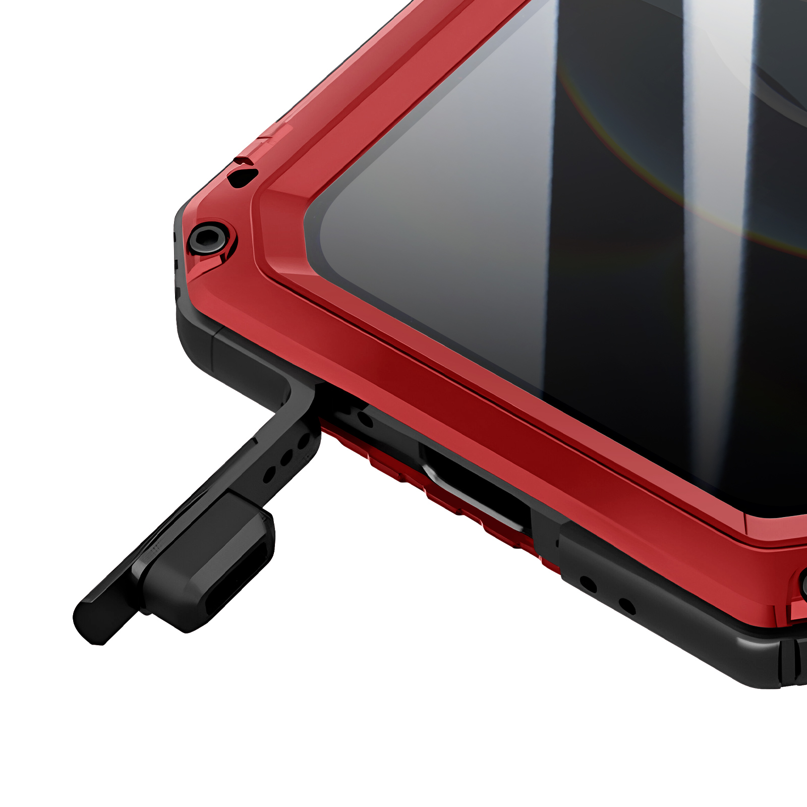 Close-up van een rode en zwarte telefoonhoes. Een zwart onderdeel strekt zich uit de zijkant. Het scherm is donker.