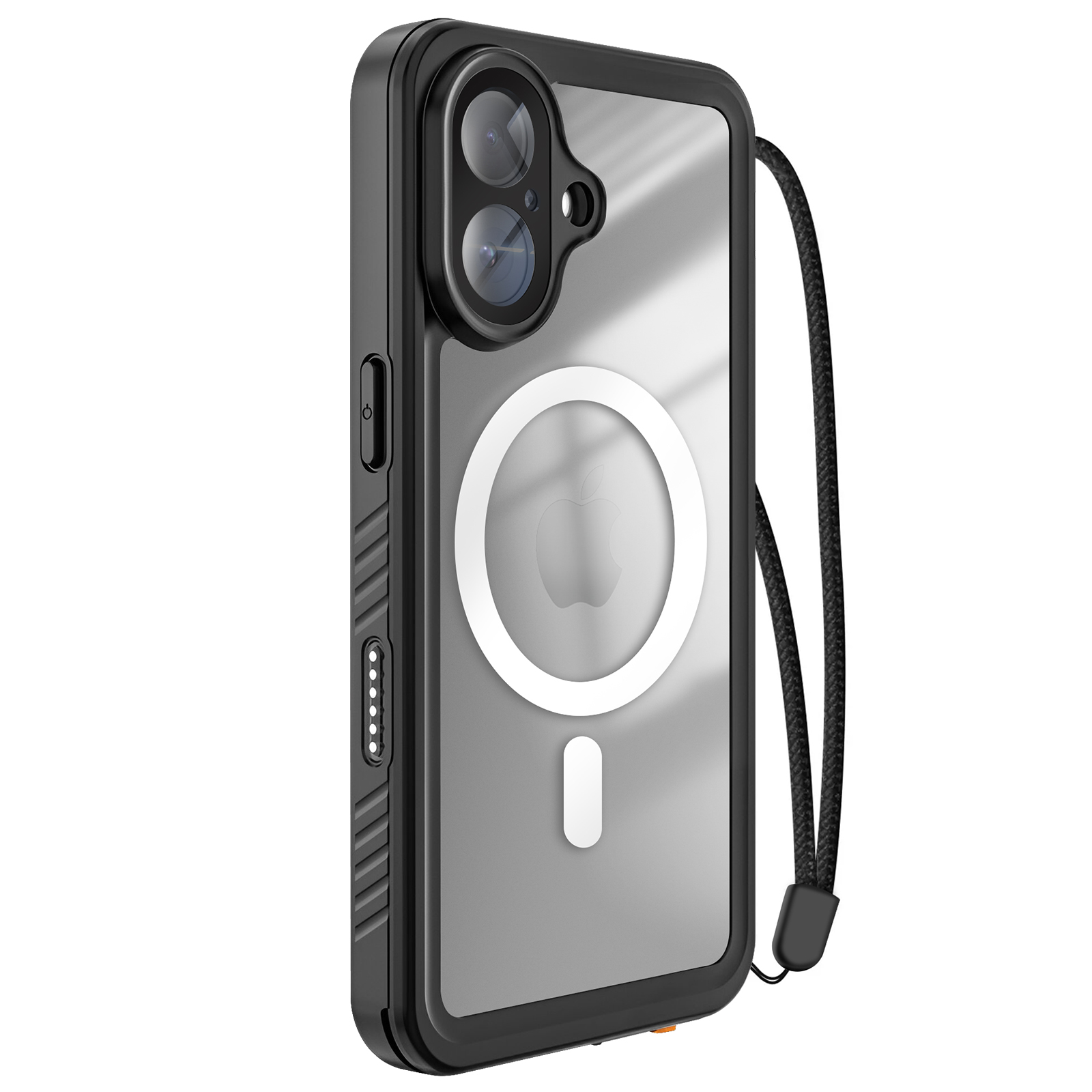 Zwarte telefoonhoes met doorzichtige achterkant. Camera, Apple-logo en riem. Zijknoppen zichtbaar.