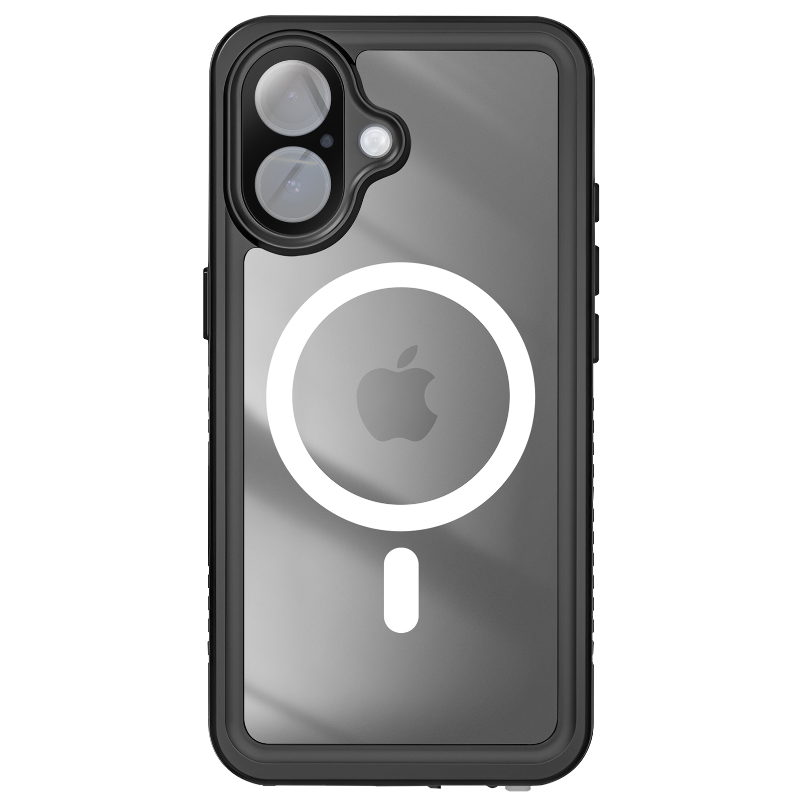 Zwarte telefoonhoes met doorzichtige achterkant, Apple-logo, MagSafe-ring en cameralenzen. Zwart frame.