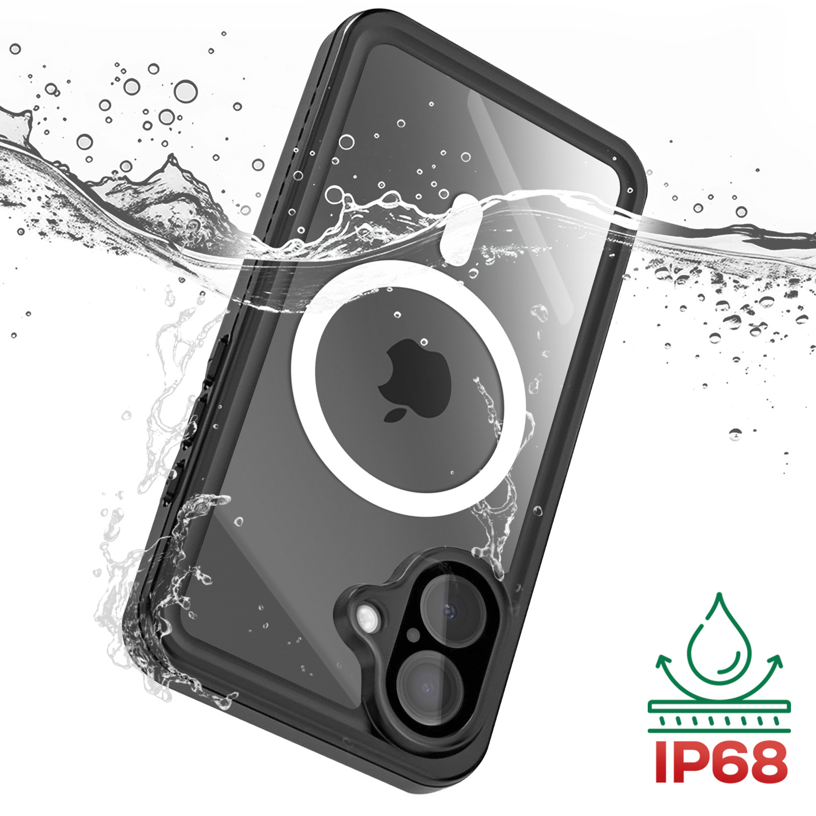 Zwarte waterdichte telefoonhoes in water, Apple-logo zichtbaar. IP68-symbool aanwezig.