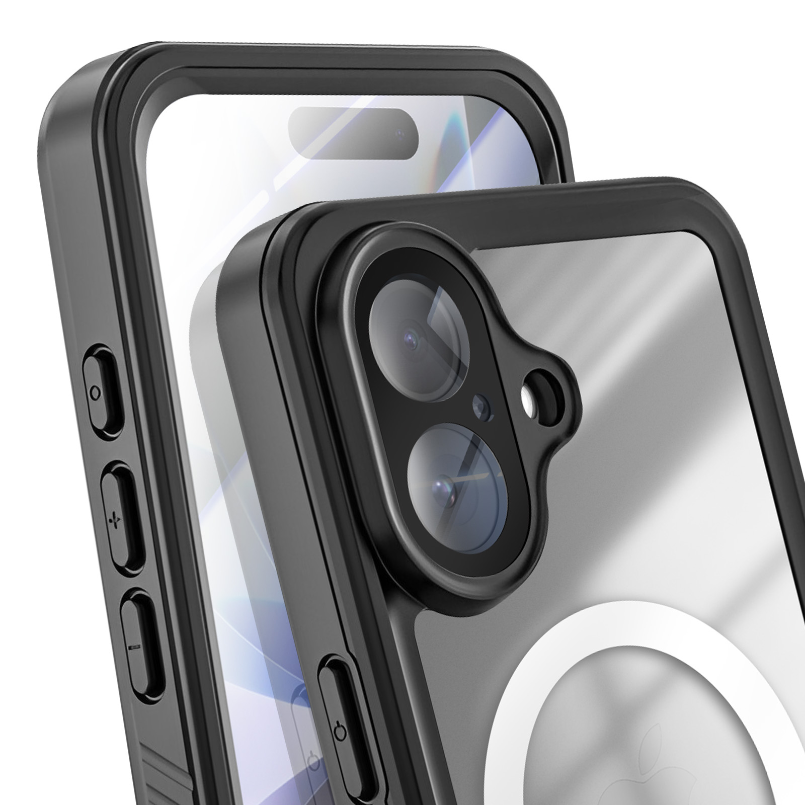 Close-up van een telefoon in een zwarte hoes. De hoes heeft een doorzichtige achterkant, met de camera en het Apple-logo.