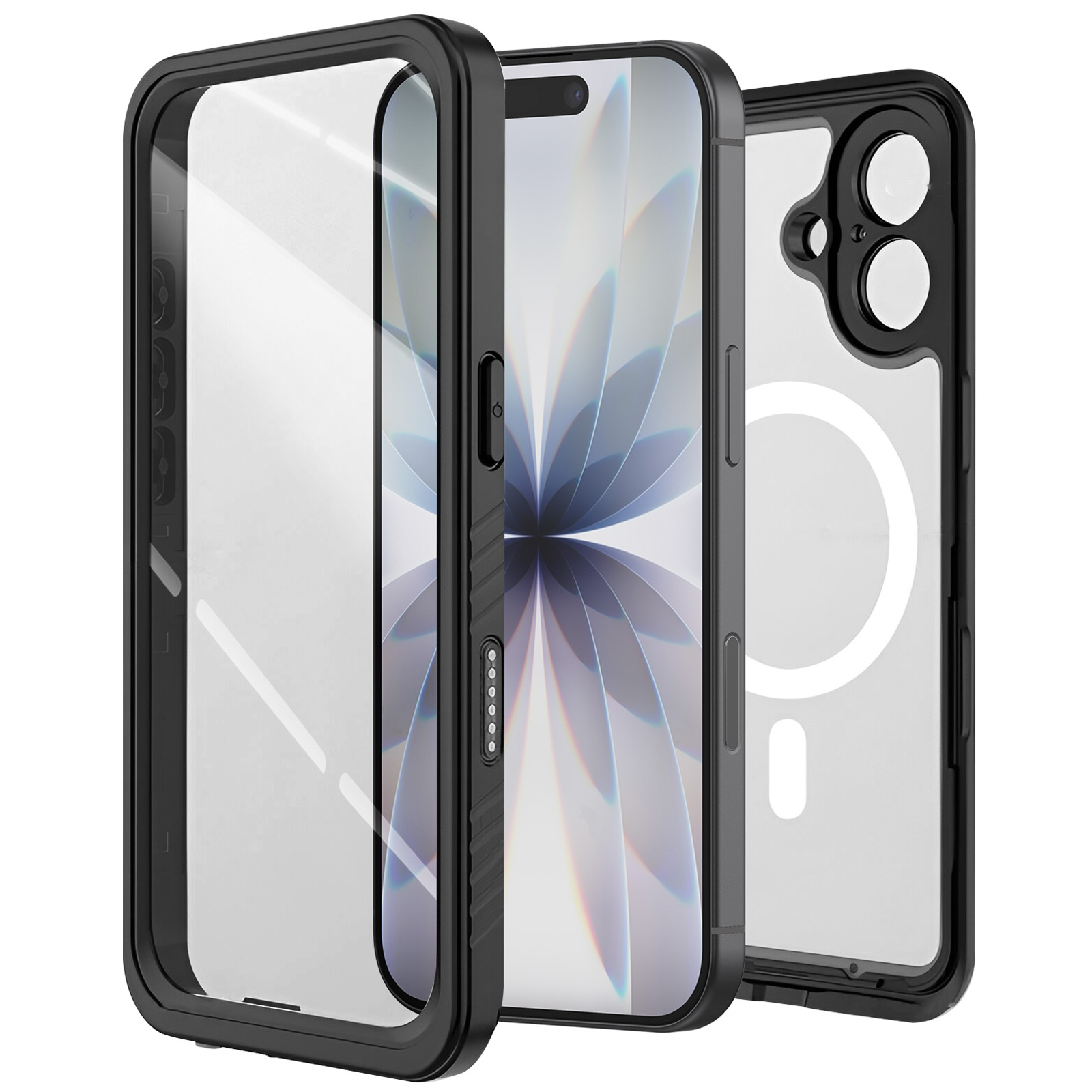 Zwarte telefoonhoes, drie delen. Transparante schermbeschermer, telefoon met bloemenachtergrond en achterkant met camera-uitsparingen.