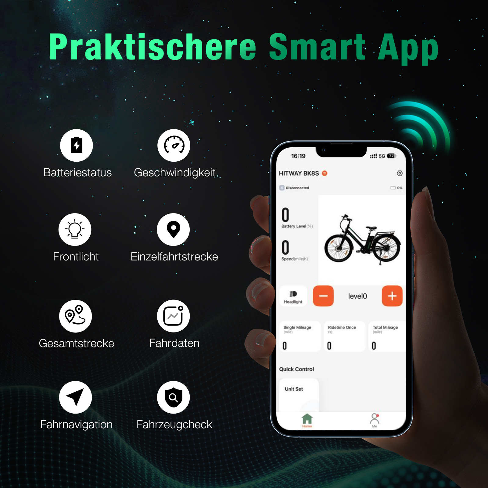 Eine Hand hält ein Telefon, das eine Smart-App für ein Elektrofahrrad anzeigt. App zeigt Batterie, Geschwindigkeit, Scheinwerfer und andere Funktionen.
