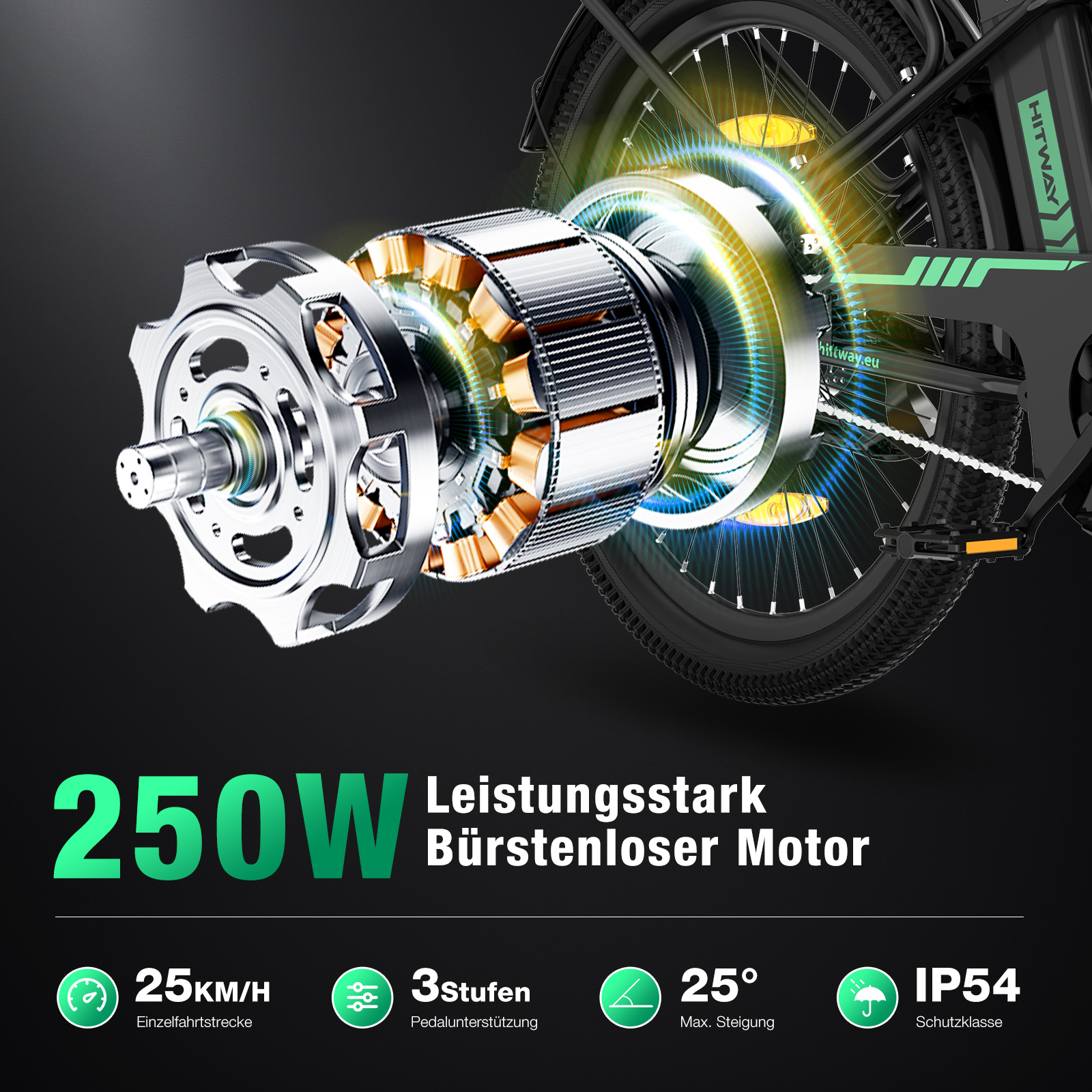 Ein E-Bike-Motor wird mit Details zu Leistung, Geschwindigkeit und anderen Spezifikationen angezeigt. Das Fahrradrad ist auch gezeigt.